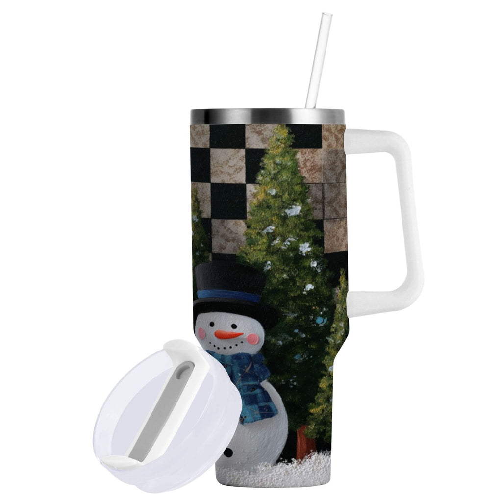 30 oz Insulated Stainless Steel Tumbler Double Wall Stainless Steel Tumbler with 2-Way Drinking Two Snowmen Pattern M501A