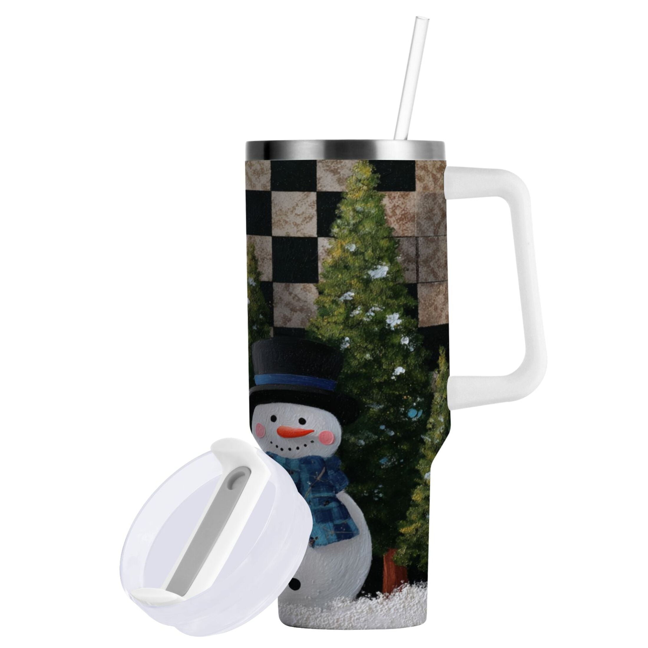 30 oz Insulated Stainless Steel Tumbler Double Wall Stainless Steel Tumbler with 2-Way Drinking Two Snowmen Pattern M501A