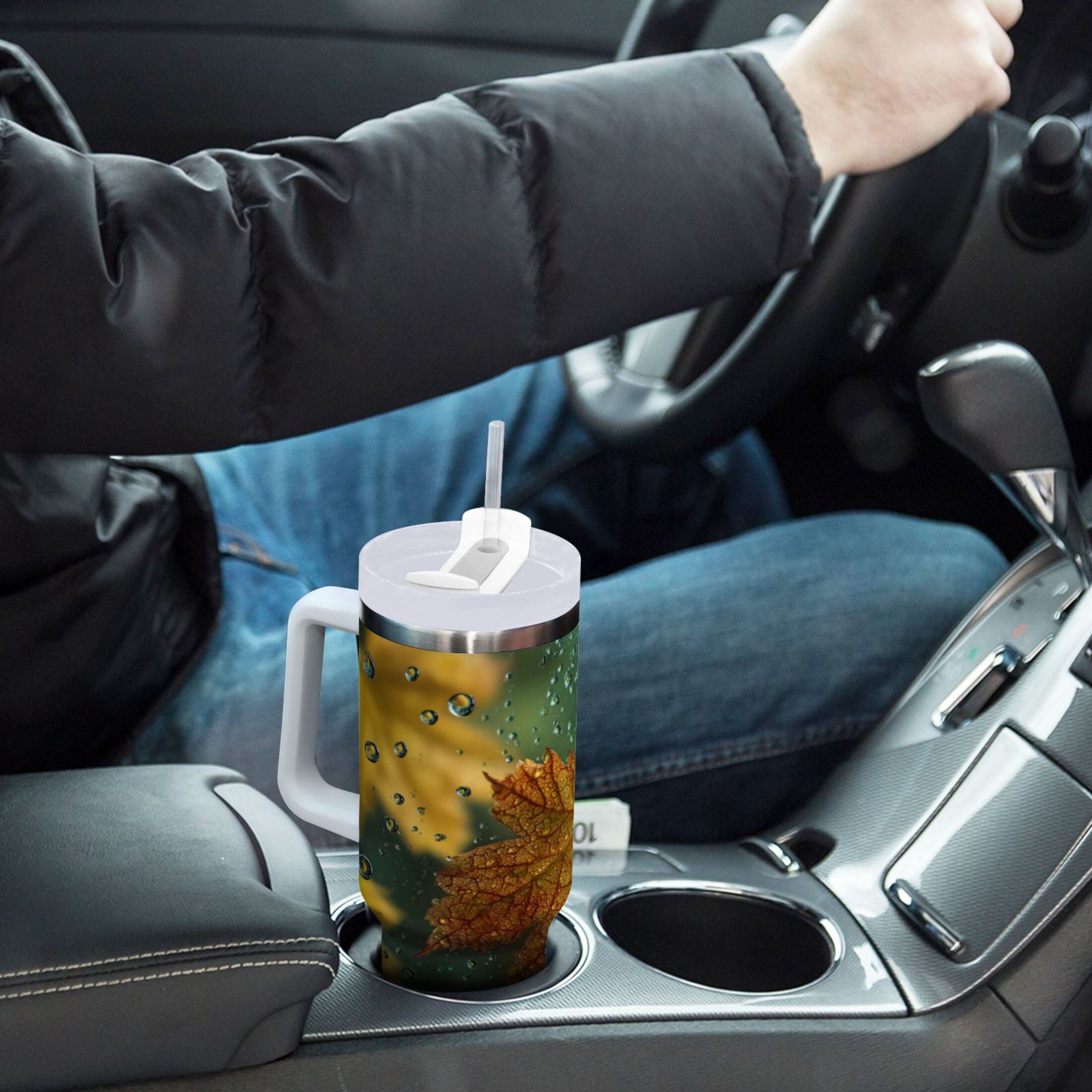 30 oz Insulated Stainless Steel Tumbler Double Wall Stainless Steel Tumbler with 2-Way Drinking Leaves with Water Droplets M500Q