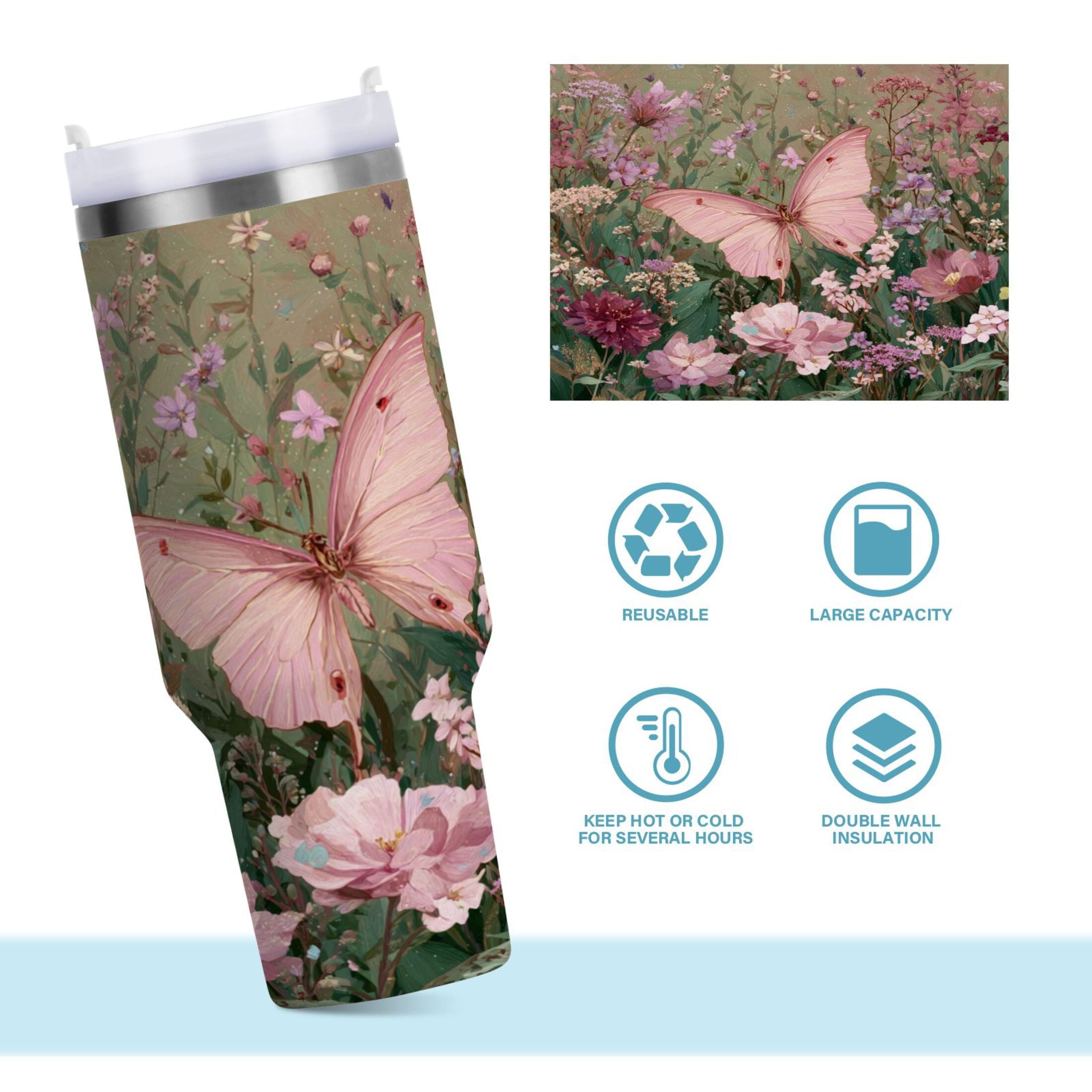 30 oz Insulated Stainless Steel Tumbler Double Wall Stainless Steel Tumbler with 2-Way Drinking Delicate Butterfly M643M