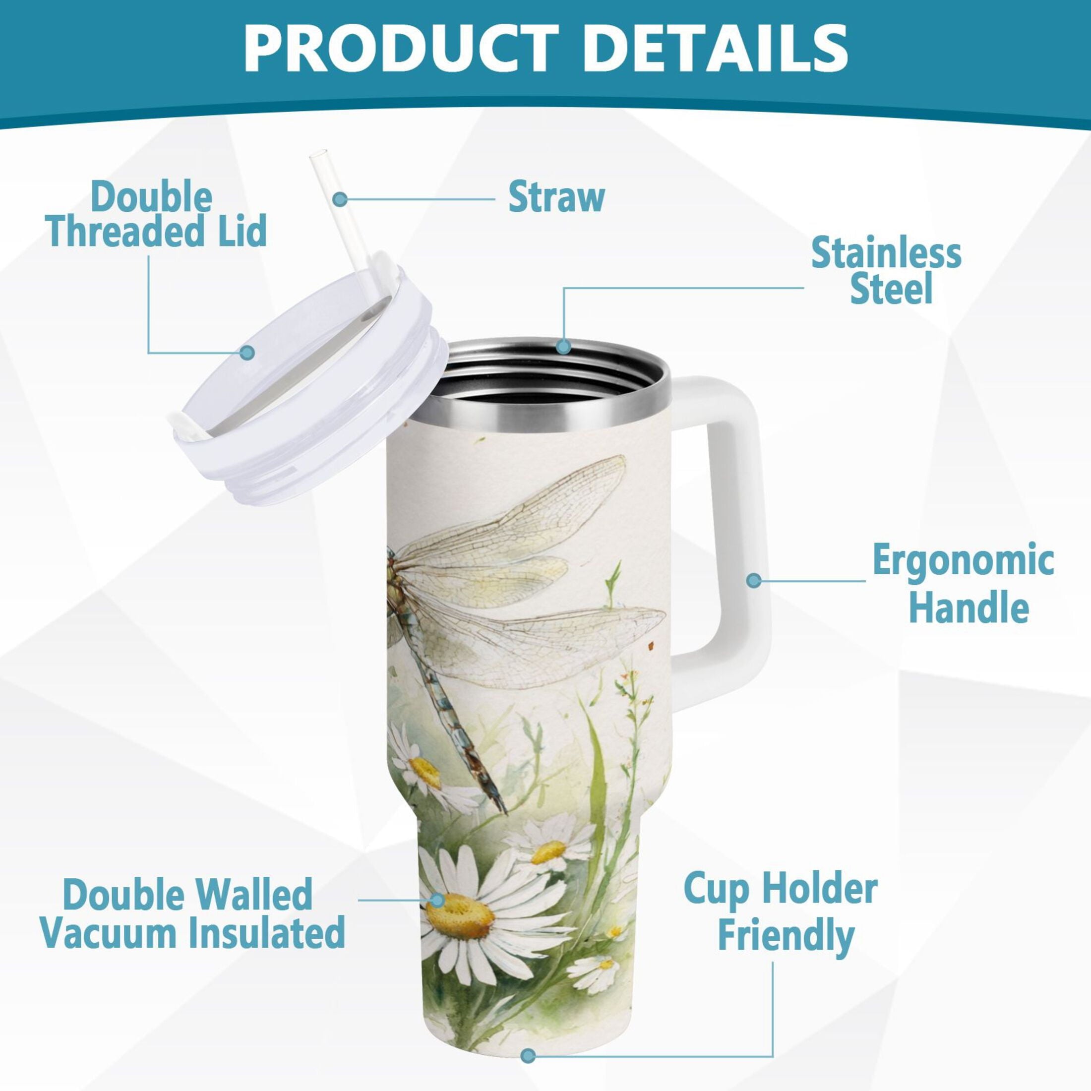 30 oz Insulated Stainless Steel Tumbler Double Wall Stainless Steel Tumbler with 2-Way Drinking Dragonflies with White Daisies M655H