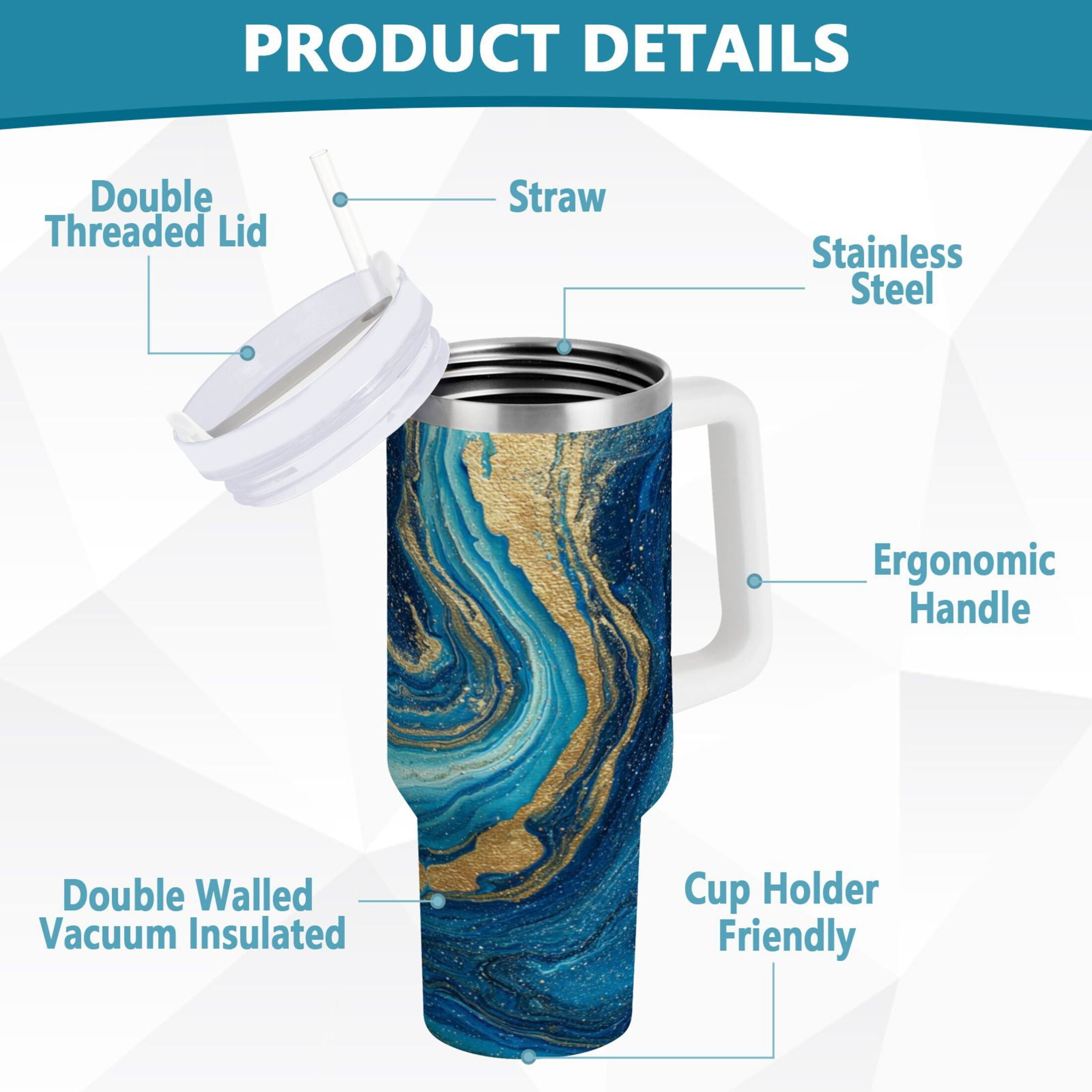 30 oz Insulated Stainless Steel Tumbler Double Wall Stainless Steel Tumbler with 2-Way Drinking Blue and Gold Ocean M507P