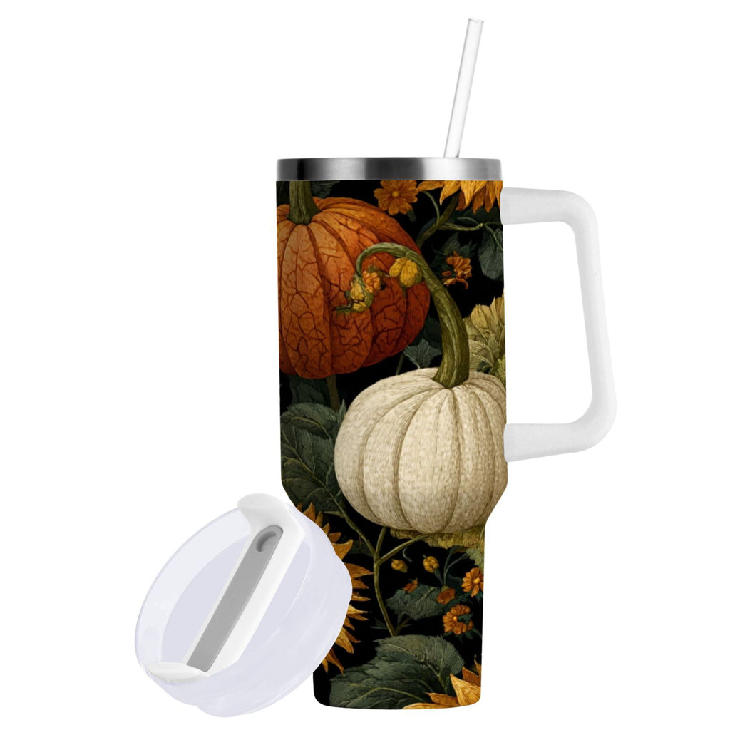40 oz Insulated Stainless Steel Tumbler Double Wall Stainless Steel Tumbler with 2-Way Drinking Pumpkins and Sunflowers Pattern M560Y