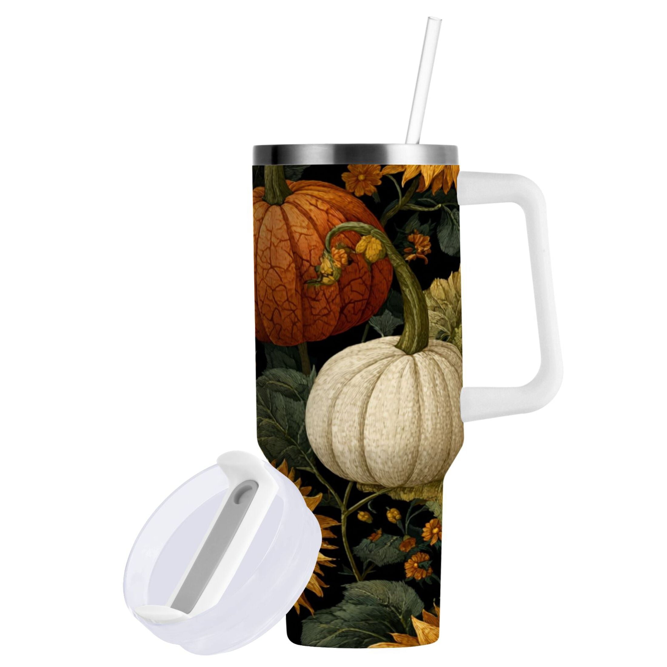 40 oz Insulated Stainless Steel Tumbler Double Wall Stainless Steel Tumbler with 2-Way Drinking Pumpkins and Sunflowers Pattern M560Y