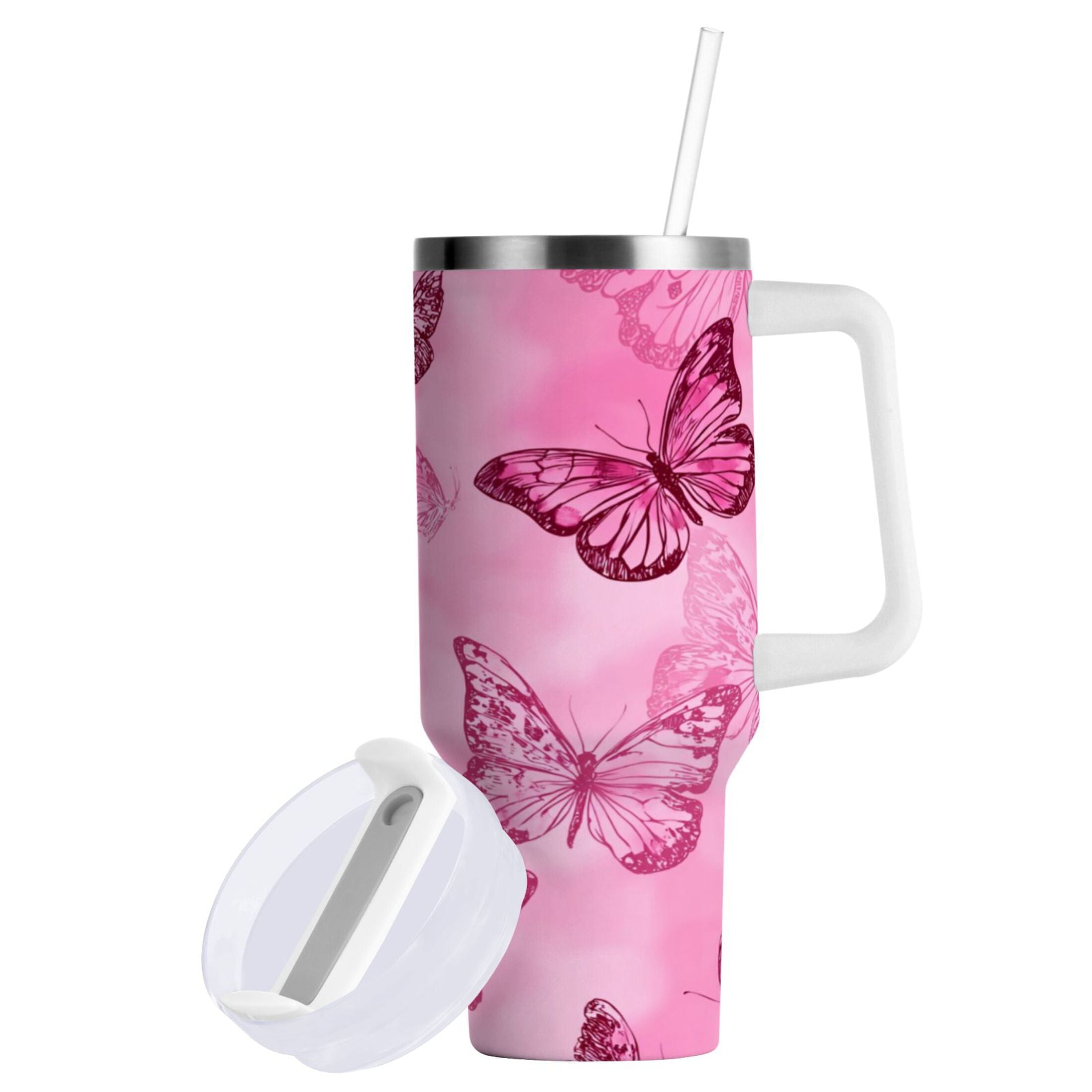 40 oz Insulated Stainless Steel Tumbler Double Wall Stainless Steel Tumbler with 2-Way Drinking Pink Butterfly Pattern M629F