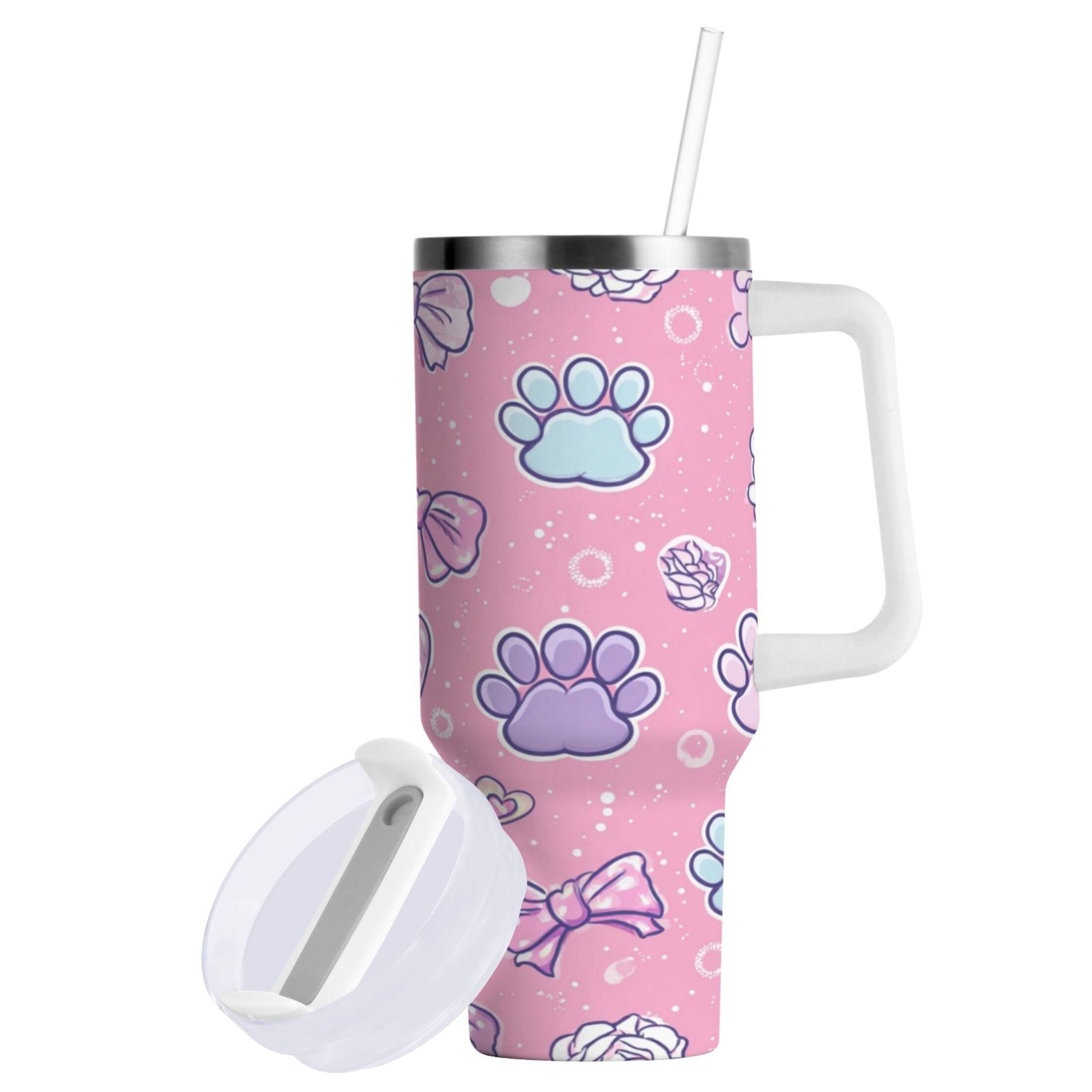 30 oz Insulated Stainless Steel Tumbler Double Wall Stainless Steel Tumbler with 2-Way Drinking Dog Paw Prints and Bows M648A