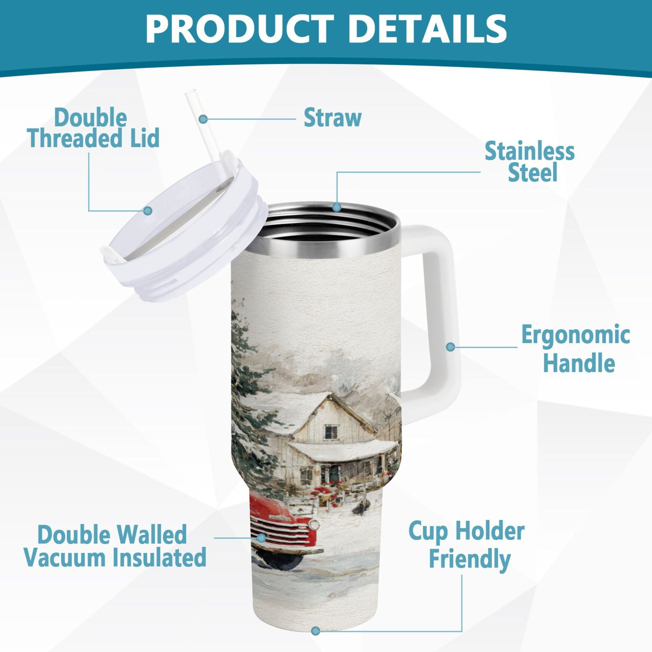 30 oz Insulated Stainless Steel Tumbler Double Wall Stainless Steel Tumbler with 2-Way Drinking Truck with Christmas Decorations M657B