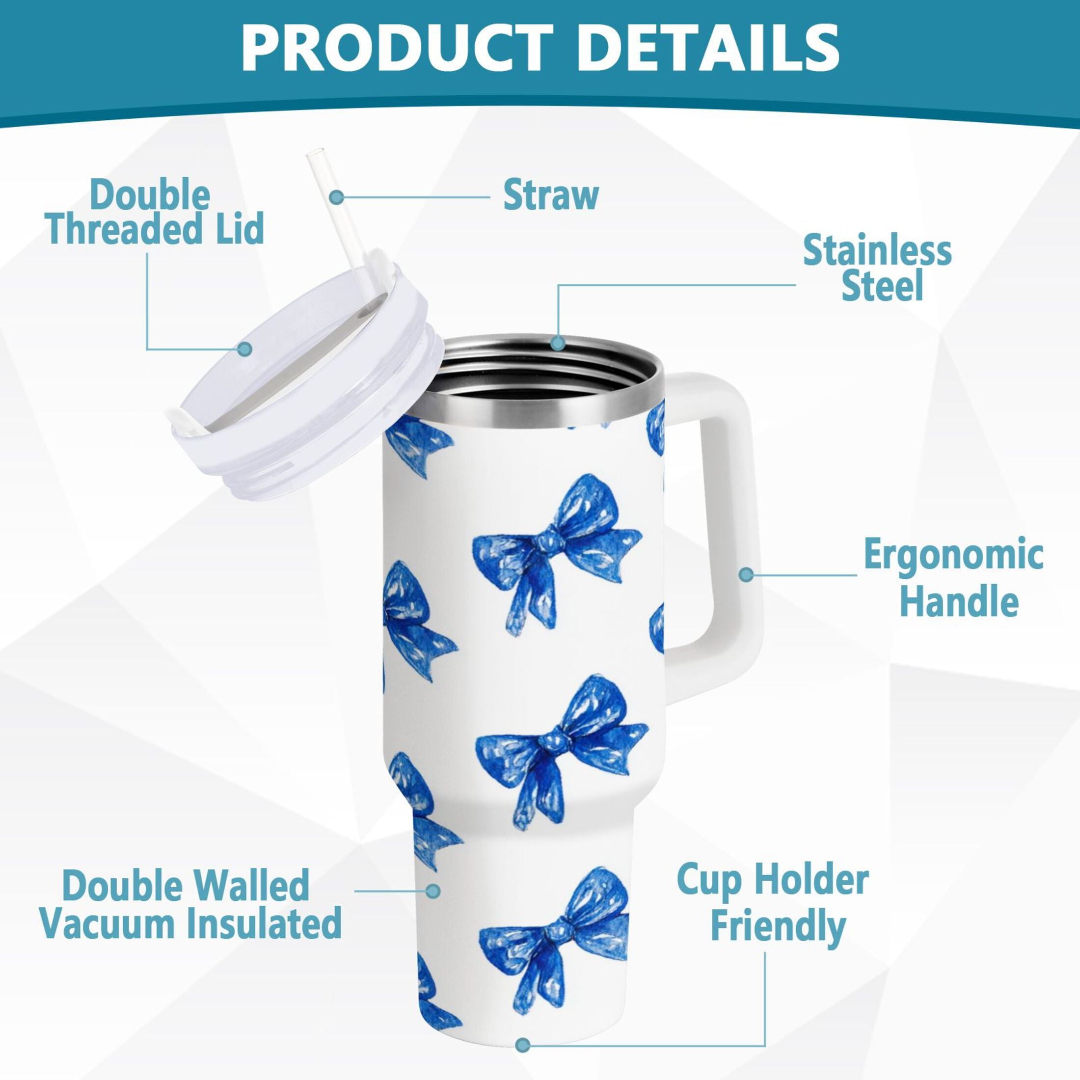 30 oz Insulated Stainless Steel Tumbler Double Wall Stainless Steel Tumbler with 2-Way Drinking Blue Bows Pattern M620U