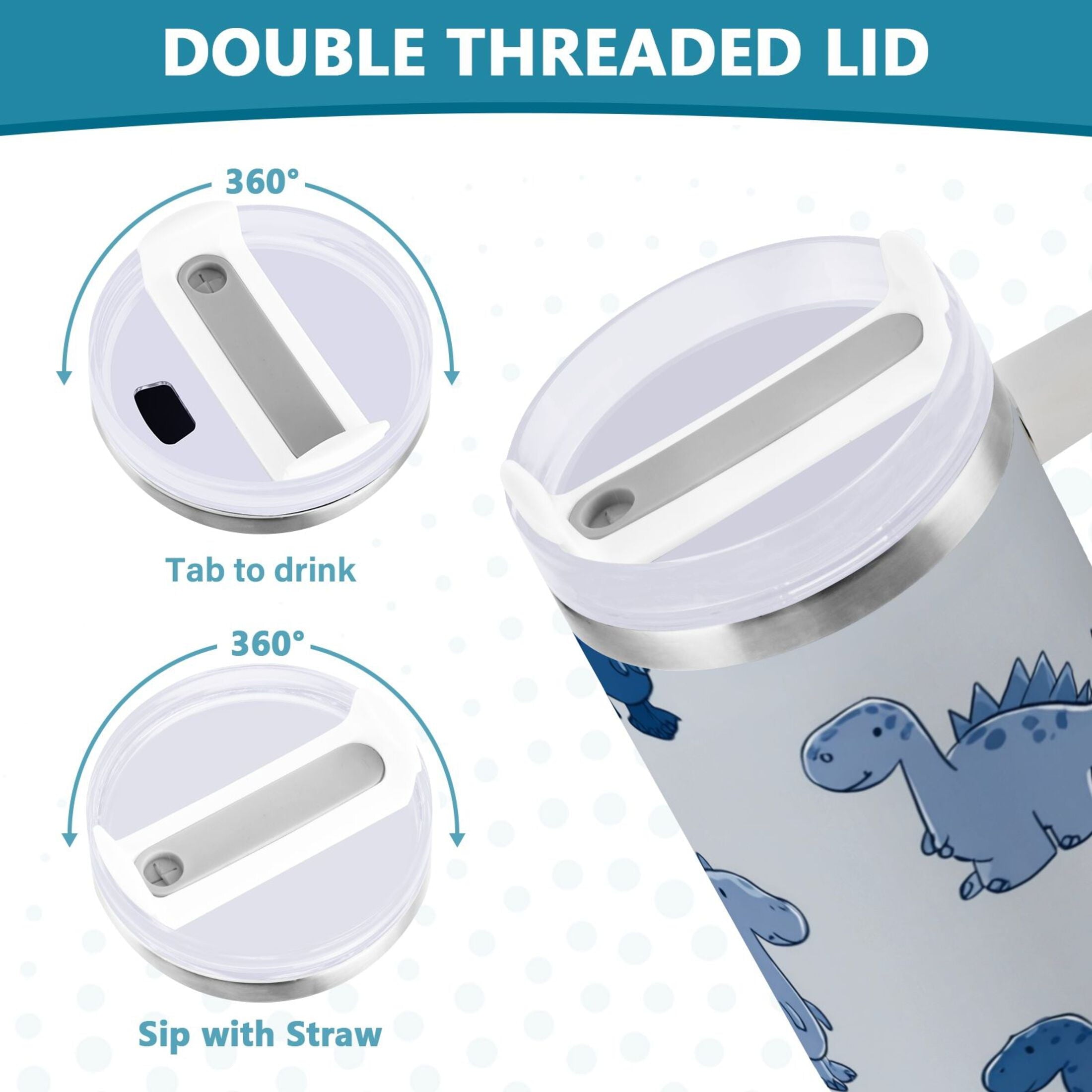 30 oz Insulated Stainless Steel Tumbler Double Wall Stainless Steel Tumbler with 2-Way Drinking Cute Blue Dinosaurs M580Z