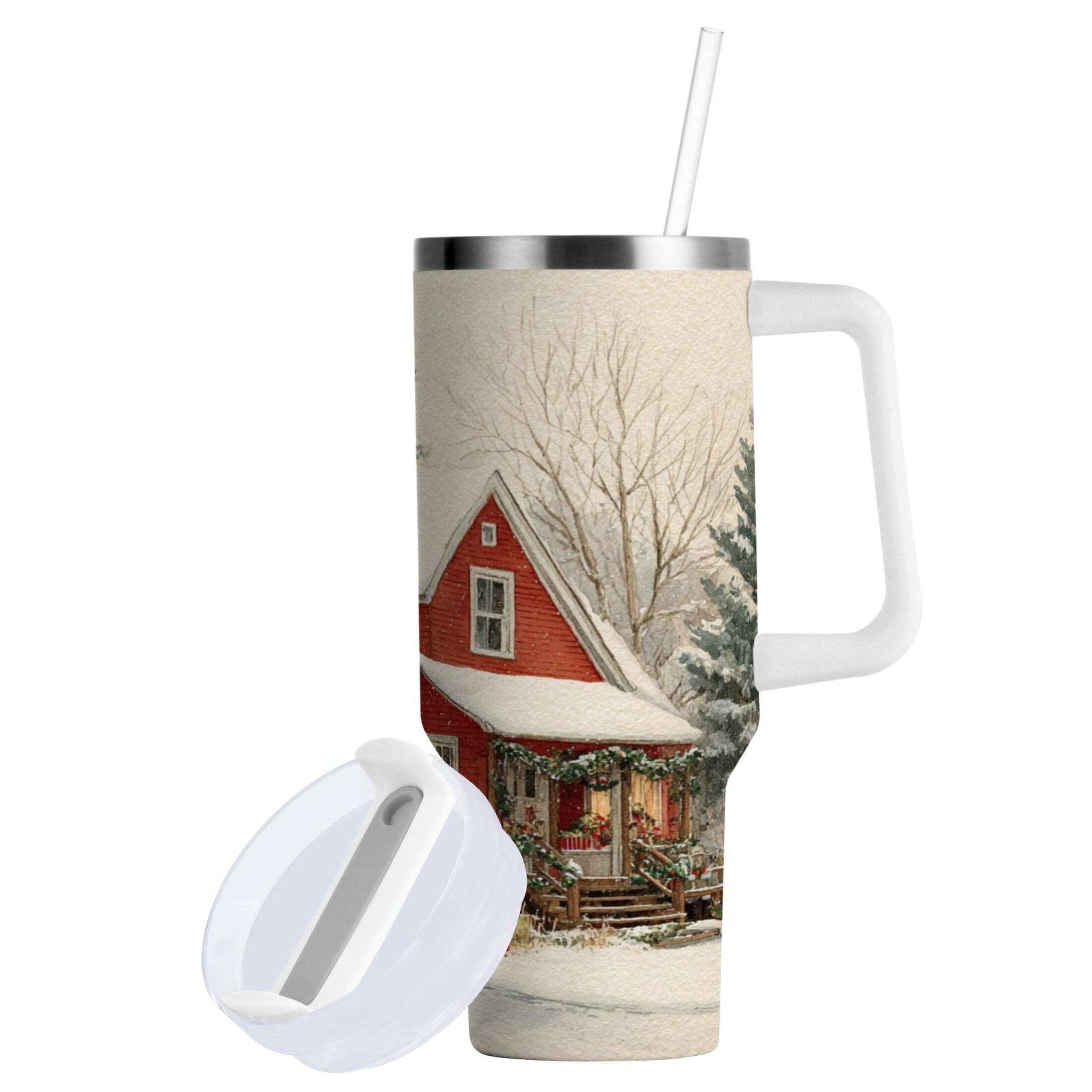 40 oz Insulated Stainless Steel Tumbler Double Wall Stainless Steel Tumbler with 2-Way Drinking House with Snow-covered Roof M674V