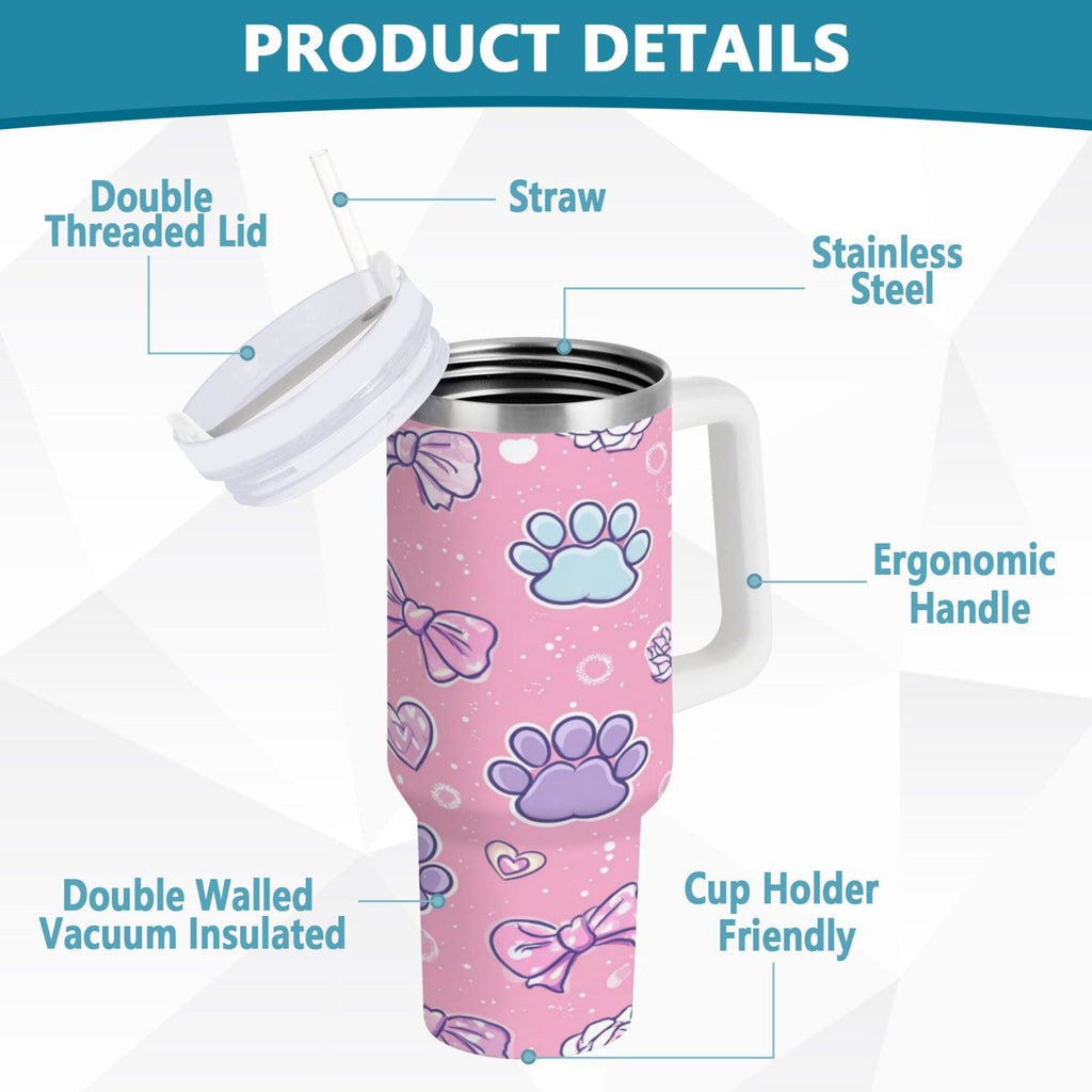 30 oz Insulated Stainless Steel Tumbler Double Wall Stainless Steel Tumbler with 2-Way Drinking Dog Paw Prints and Bows M648A