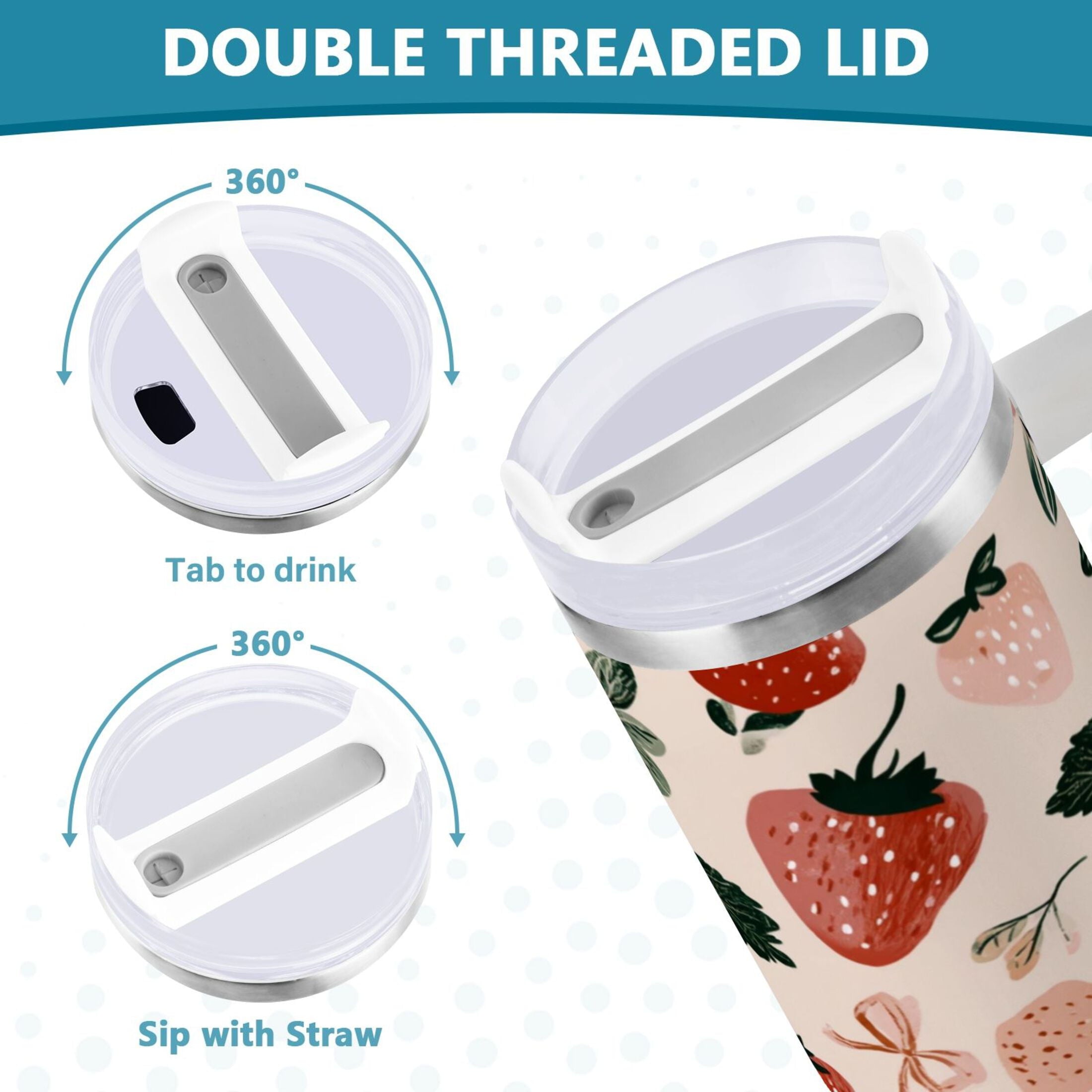 30 oz Insulated Stainless Steel Tumbler Double Wall Stainless Steel Tumbler with 2-Way Drinking Cute Pinks Strawberries M596G