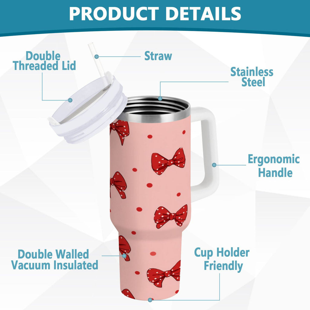40 oz Insulated Stainless Steel Tumbler Double Wall Stainless Steel Tumbler with 2-Way Drinking Red Bows and Polka Dots M531A