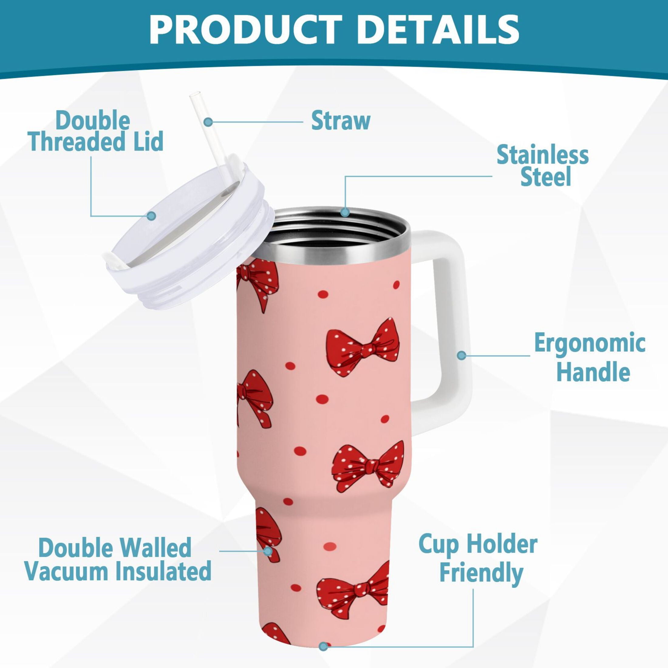 40 oz Insulated Stainless Steel Tumbler Double Wall Stainless Steel Tumbler with 2-Way Drinking Red Bows and Polka Dots M531A