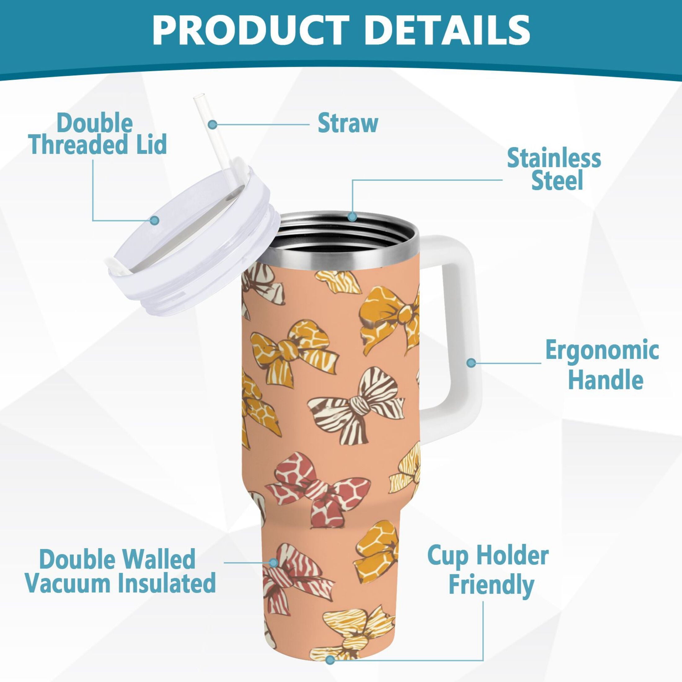 40 oz Insulated Stainless Steel Tumbler Double Wall Stainless Steel Tumbler with 2-Way Drinking Cute Animal Print Bows M678Y