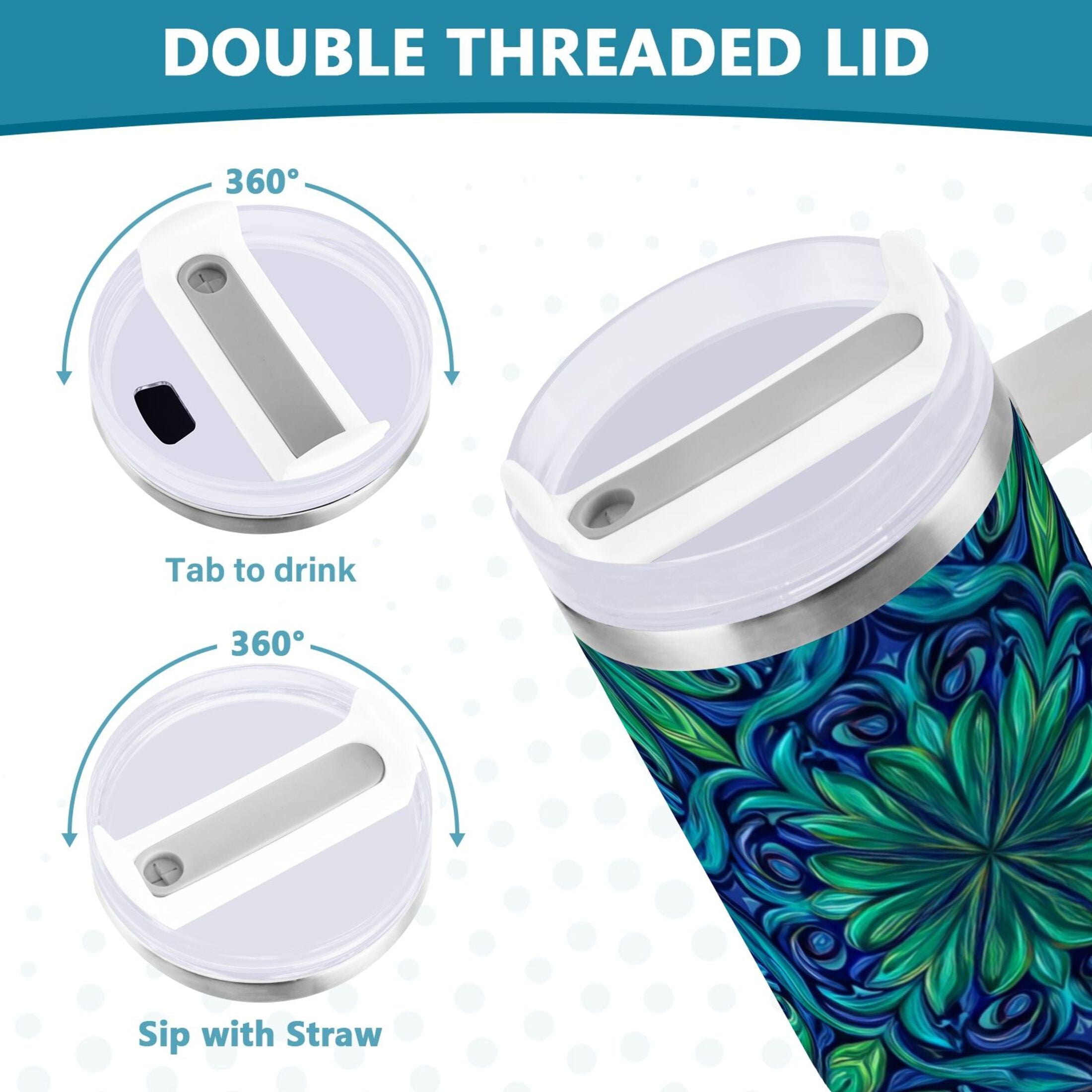40 oz Insulated Stainless Steel Tumbler Double Wall Stainless Steel Tumbler with 2-Way Drinking Elegant Blue Traditional Patterns M603V