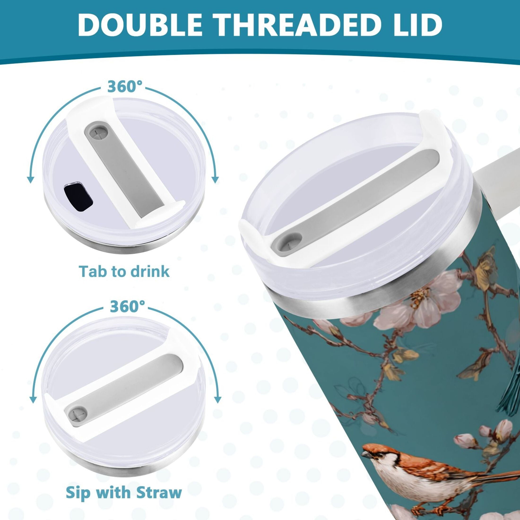 30 oz Insulated Stainless Steel Tumbler Double Wall Stainless Steel Tumbler with 2-Way Drinking Birds and Cherry Pattern M537X