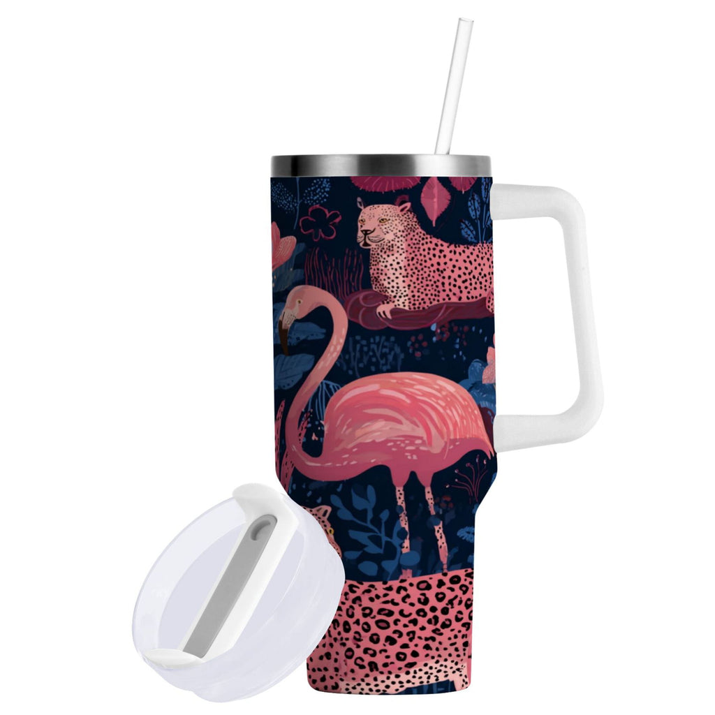 30 oz Insulated Stainless Steel Tumbler Double Wall Stainless Steel Tumbler with 2-Way Drinking Flamingos and Leopard Print M568A