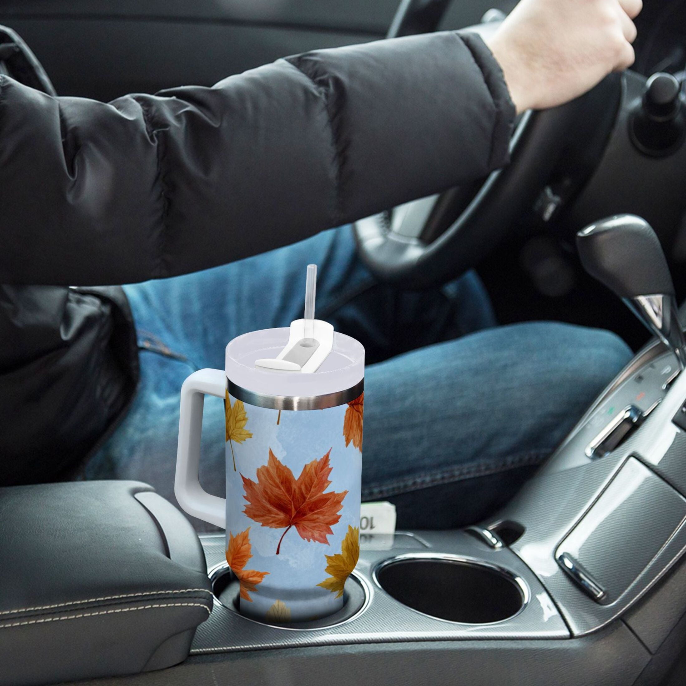 30 oz Insulated Stainless Steel Tumbler Double Wall Stainless Steel Tumbler with 2-Way Drinking Autumn Maple Leaves M641D