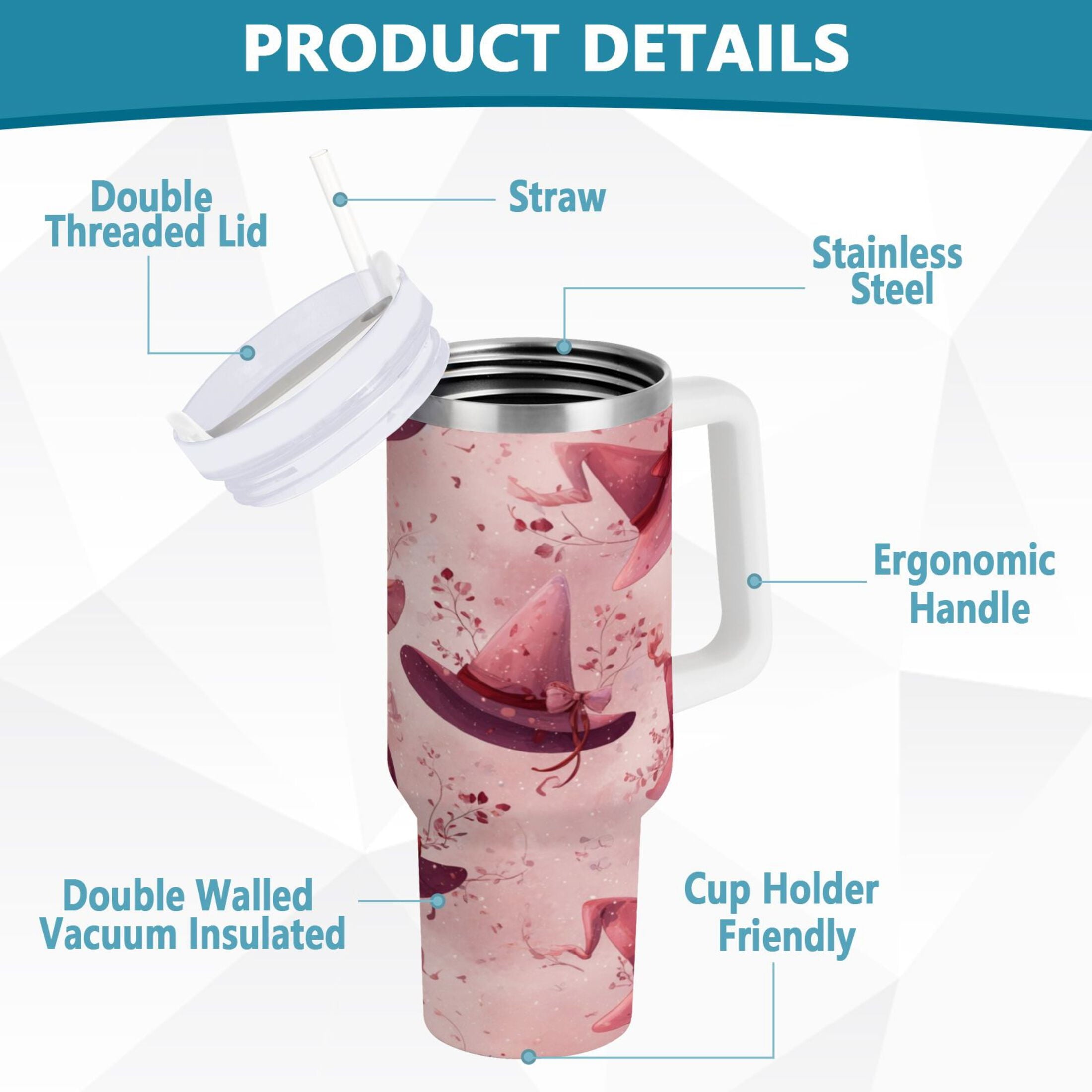 30 oz Insulated Stainless Steel Tumbler Double Wall Stainless Steel Tumbler with 2-Way Drinking Hats with Delicate Bows M679A