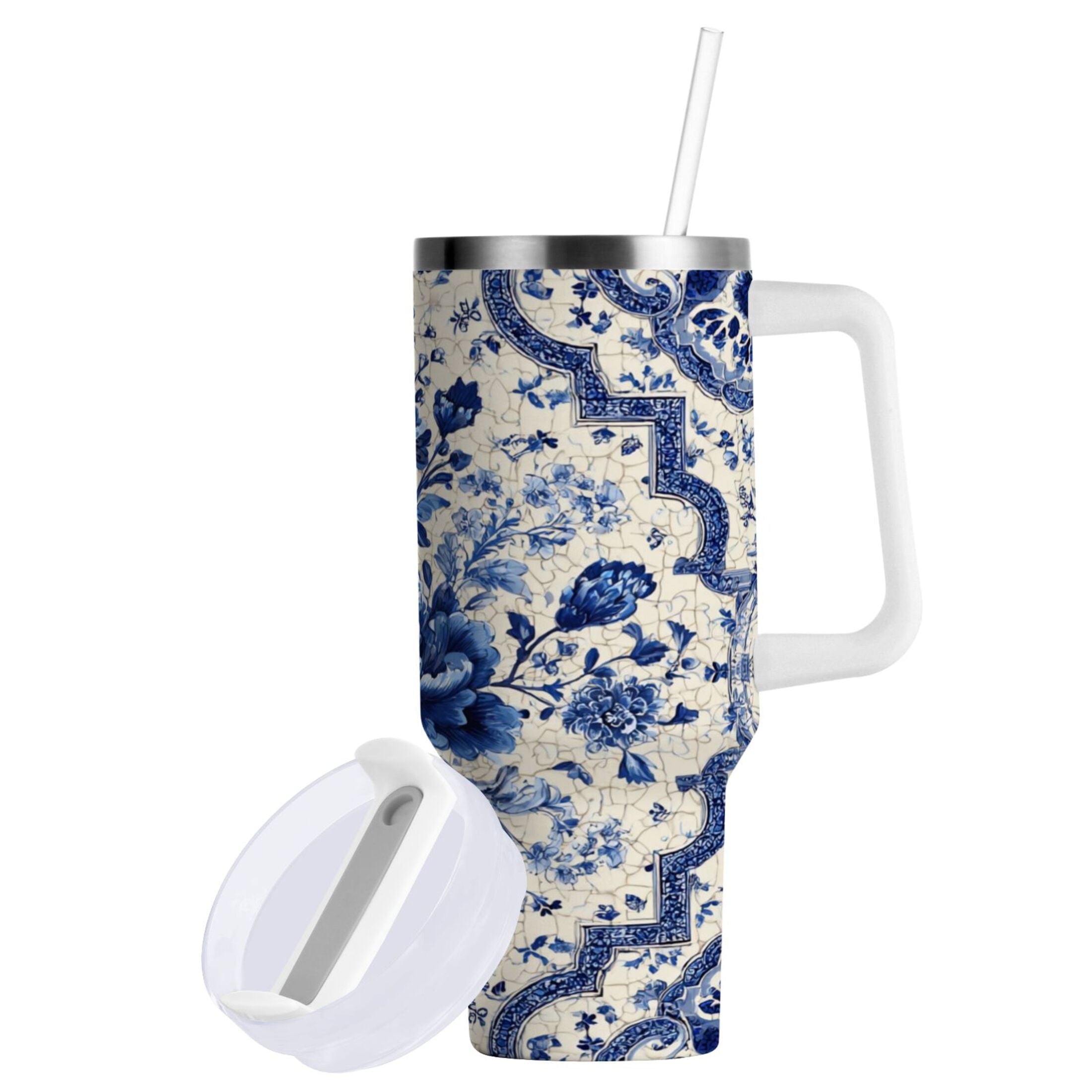30 oz Insulated Stainless Steel Tumbler Double Wall Stainless Steel Tumbler with 2-Way Drinking Blue and White Porcelain-style M576W