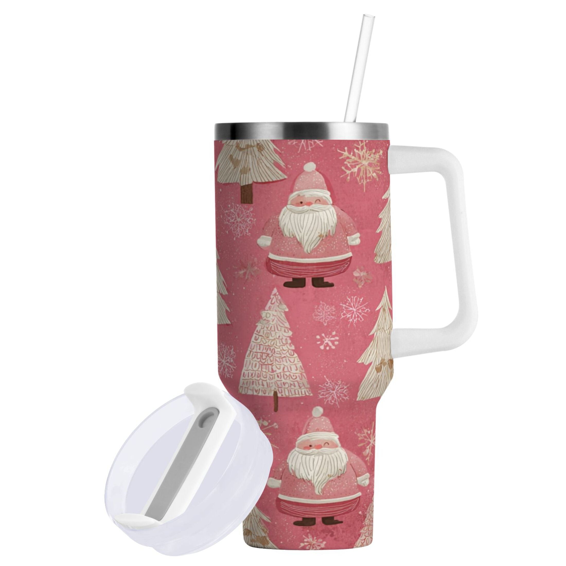 40 oz Insulated Stainless Steel Tumbler Double Wall Stainless Steel Tumbler with 2-Way Drinking Pink Santa Claus Pattern M527S