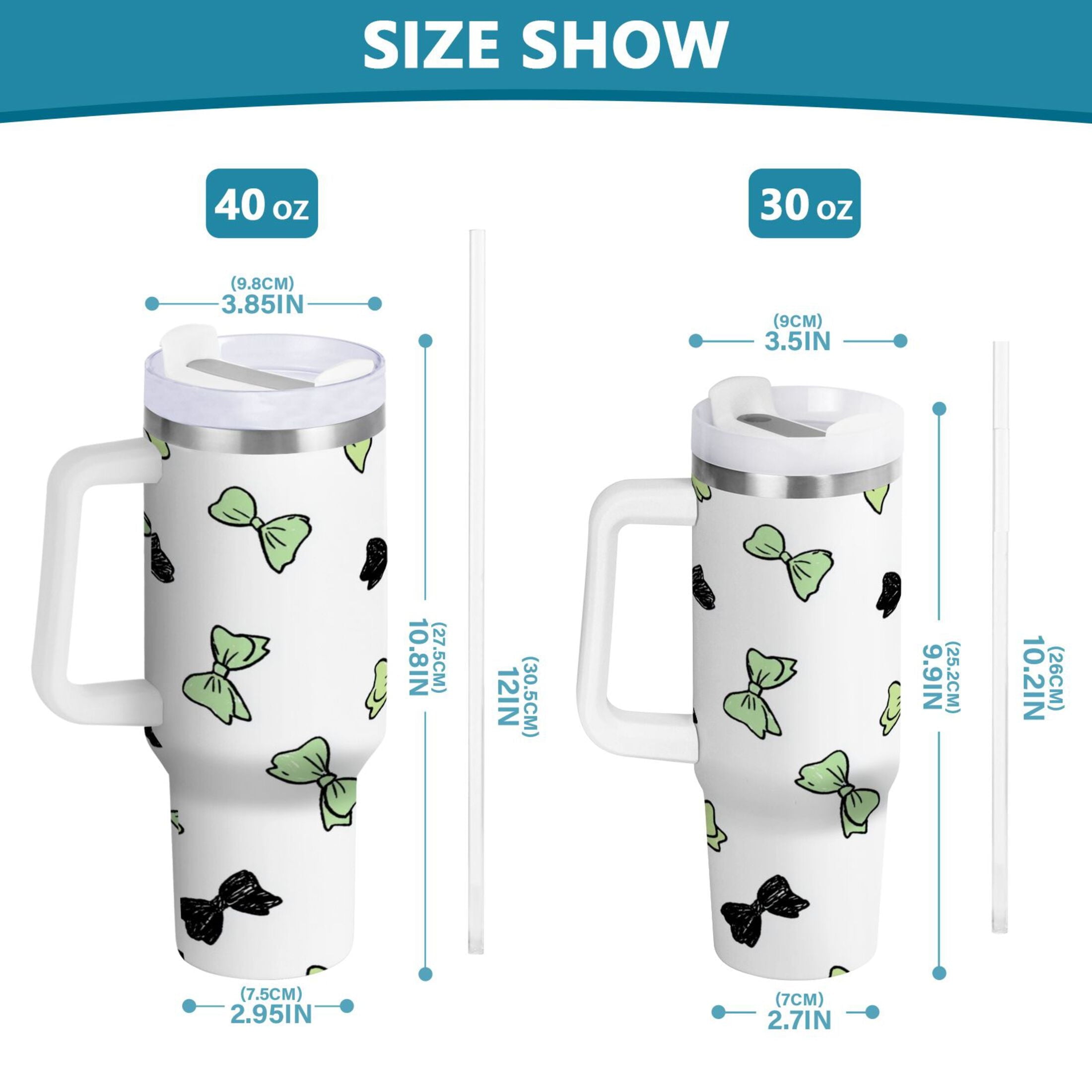 40 oz Insulated Stainless Steel Tumbler Double Wall Stainless Steel Tumbler with 2-Way Drinking Green and Black Bows M553F