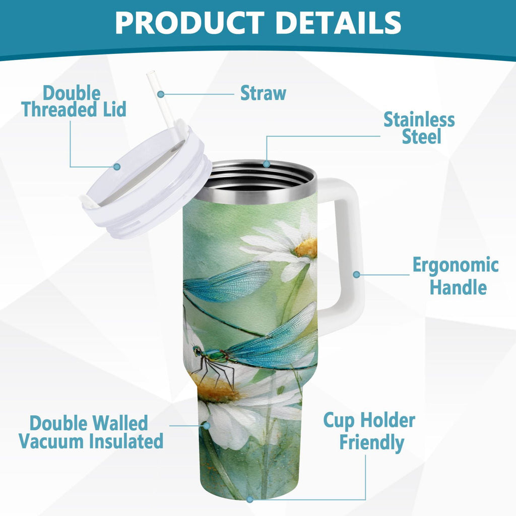 30 oz Insulated Stainless Steel Tumbler Double Wall Stainless Steel Tumbler with 2-Way Drinking Beautiful Dragonflies and Daisies M638L