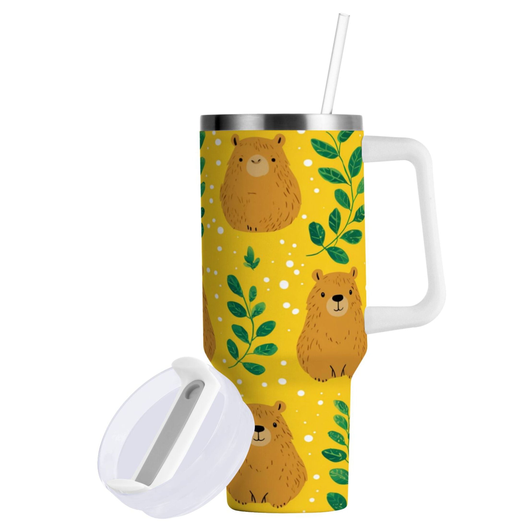 30 oz Insulated Stainless Steel Tumbler Double Wall Stainless Steel Tumbler with 2-Way Drinking Capybara and Green Leaves M658G