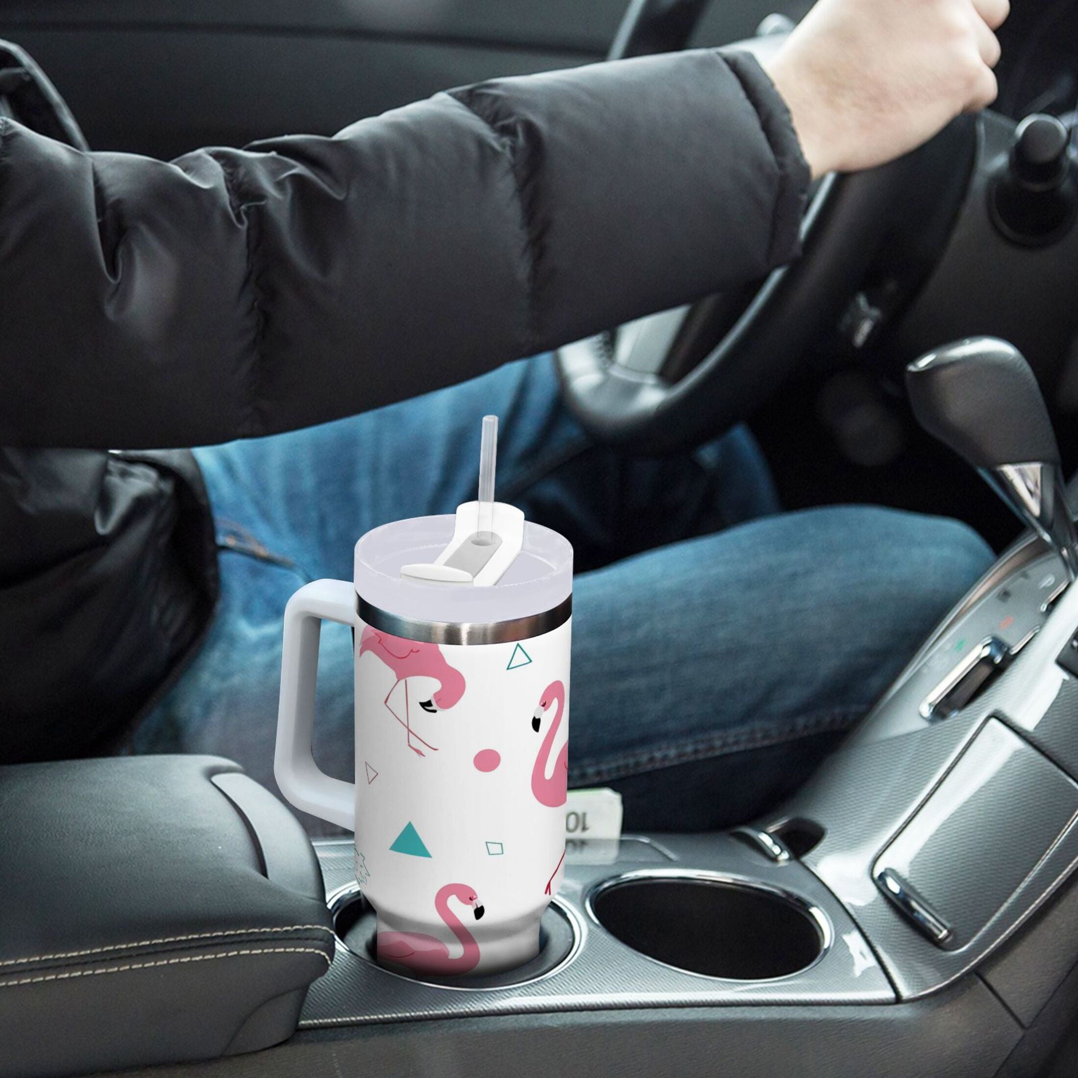 40 oz Insulated Stainless Steel Tumbler Double Wall Stainless Steel Tumbler with 2-Way Drinking Cute Flamingo Pattern M502J