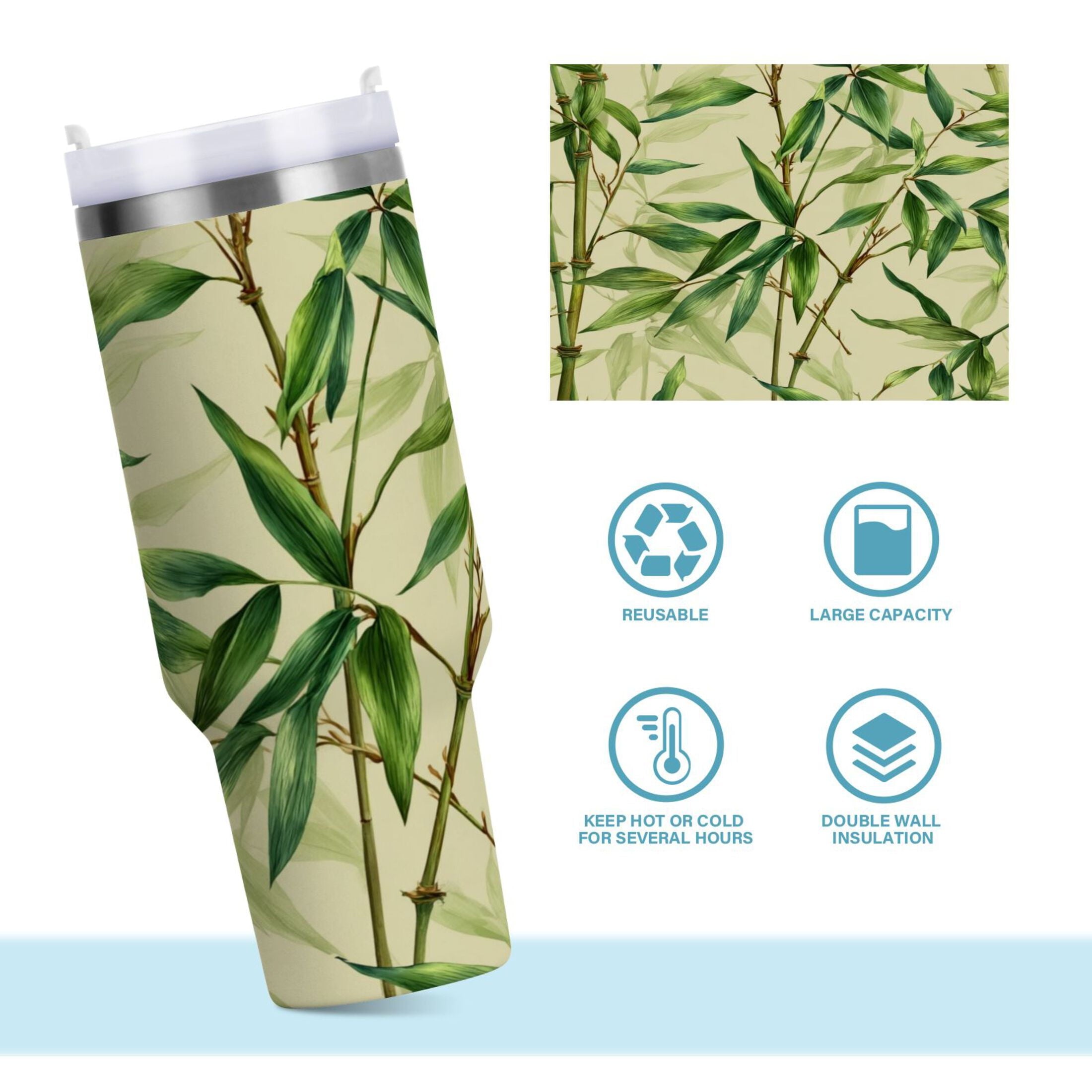 30 oz Insulated Stainless Steel Tumbler Double Wall Stainless Steel Tumbler with 2-Way Drinking Bamboo Pattern M558R