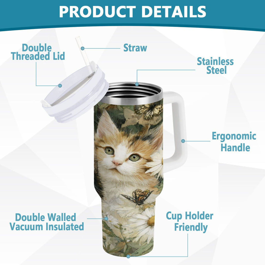 30 oz Insulated Stainless Steel Tumbler Double Wall Stainless Steel Tumbler with 2-Way Drinking Adorable Cats and Daisies M602F