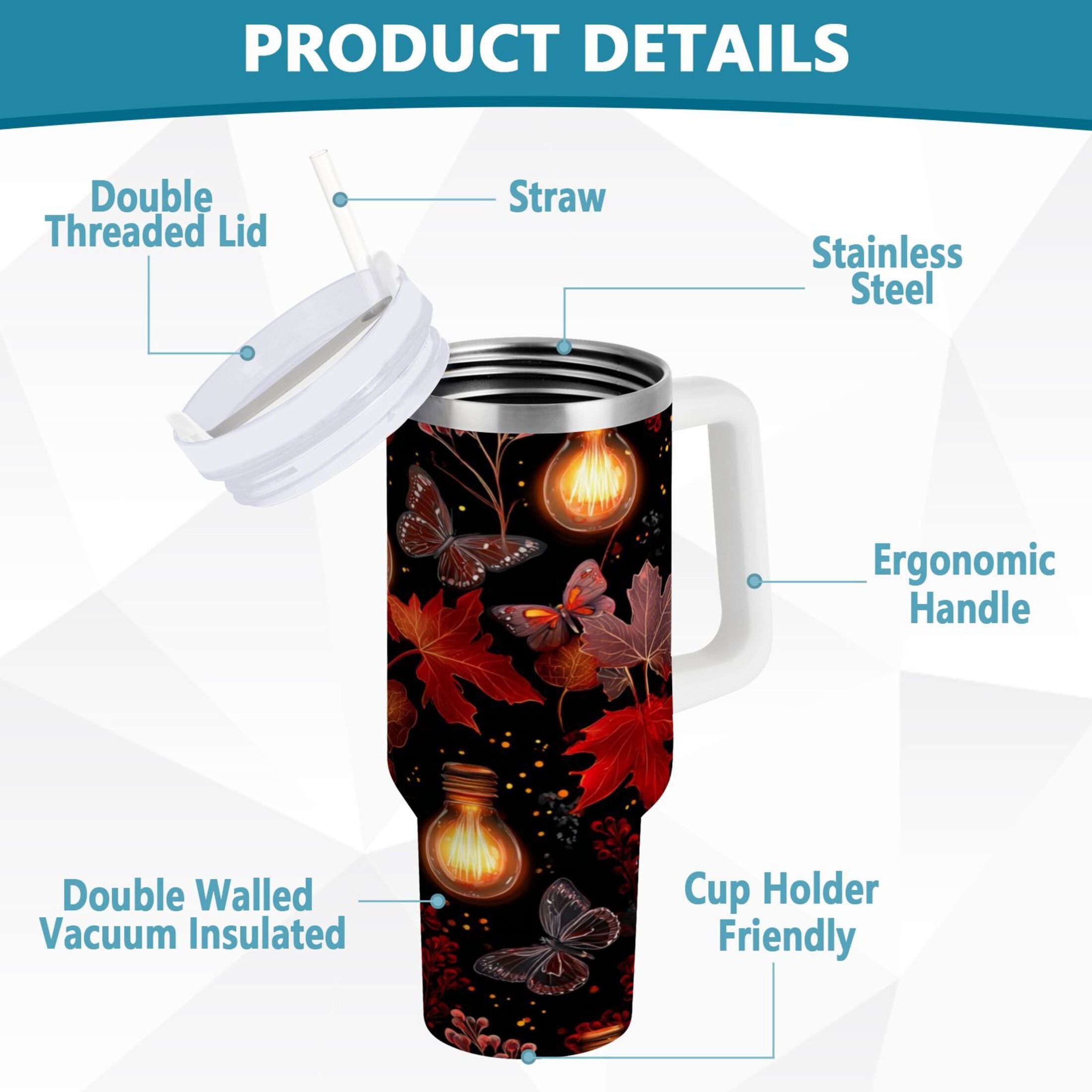 40 oz Insulated Stainless Steel Tumbler Double Wall Stainless Steel Tumbler with 2-Way Drinking Light Bulbs and Maple Leaves M534W