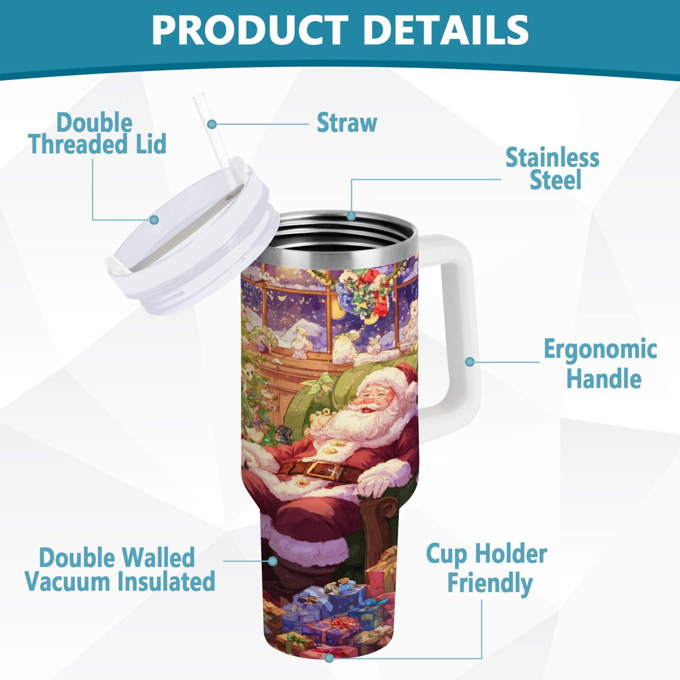 40 oz Insulated Stainless Steel Tumbler Double Wall Stainless Steel Tumbler with 2-Way Drinking Festive Christmas Scene M575B