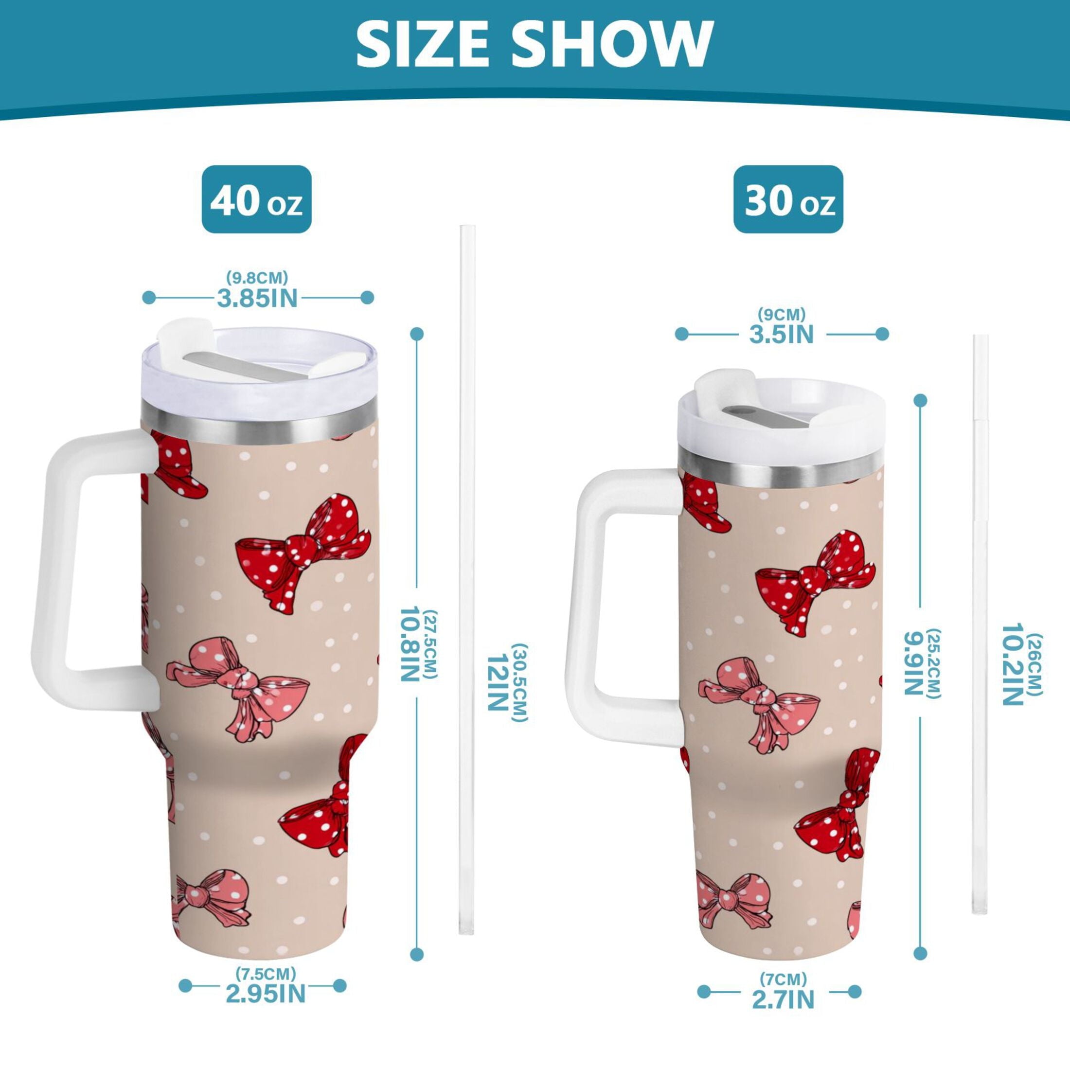30 oz Insulated Stainless Steel Tumbler Double Wall Stainless Steel Tumbler with 2-Way Drinking Cute Red Bows Pattern M541F