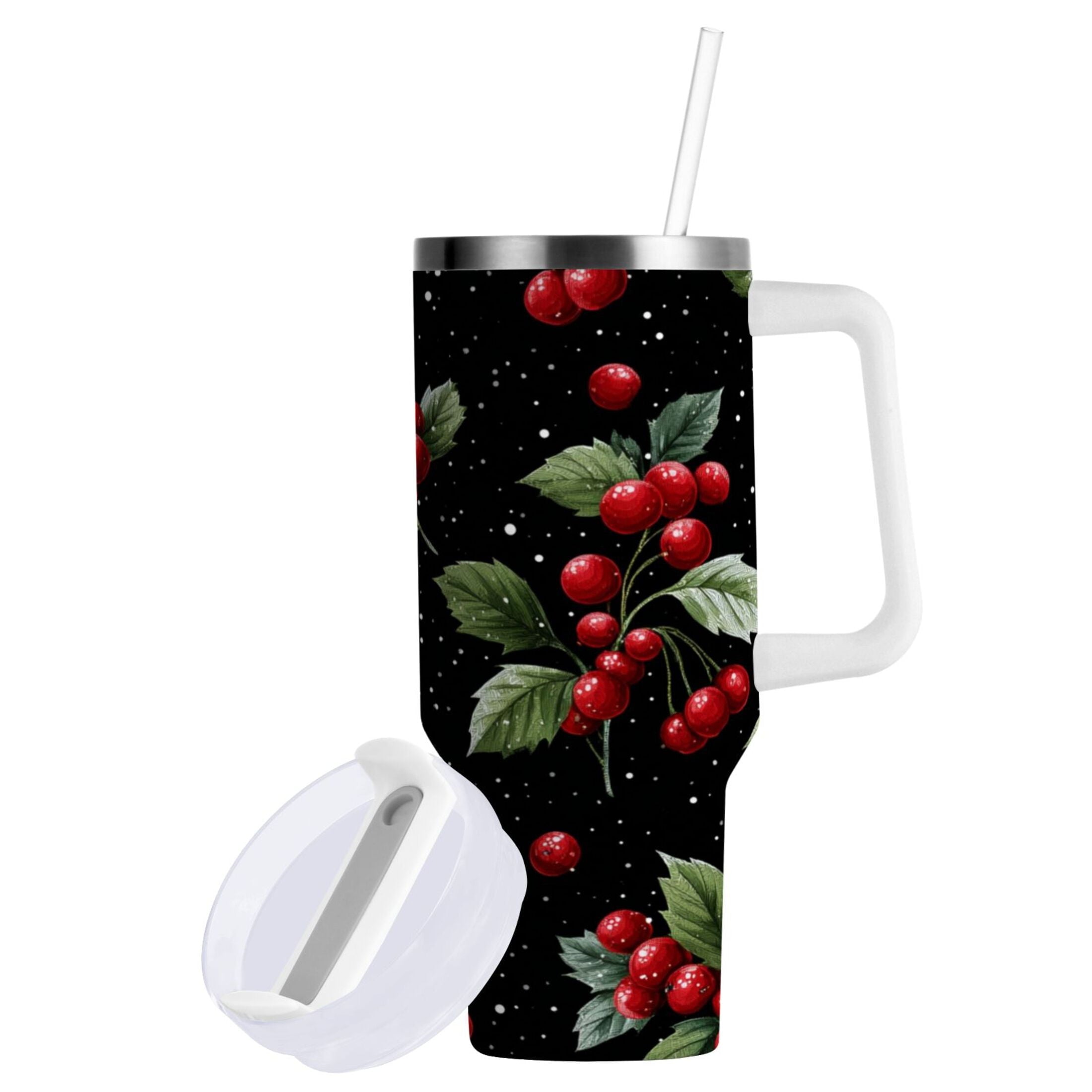 40 oz Insulated Stainless Steel Tumbler Double Wall Stainless Steel Tumbler with 2-Way Drinking Red Holly Berries Pattern M652M
