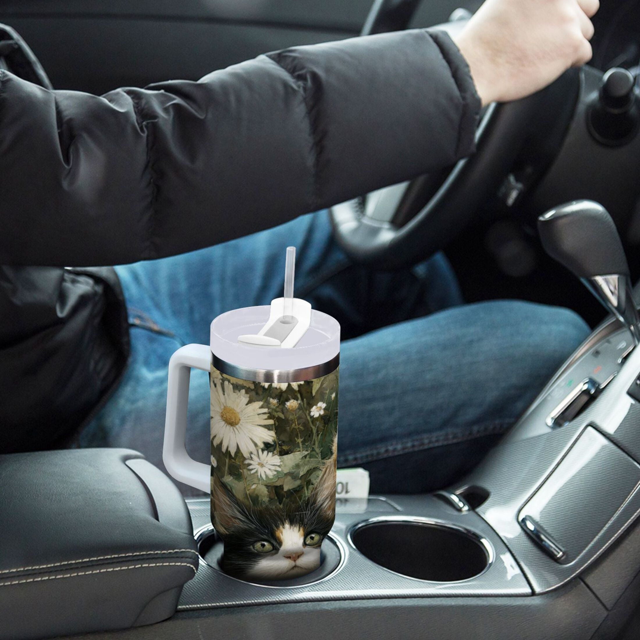 30 oz Insulated Stainless Steel Tumbler Double Wall Stainless Steel Tumbler with 2-Way Drinking Adorable Cats and Daisies M602F
