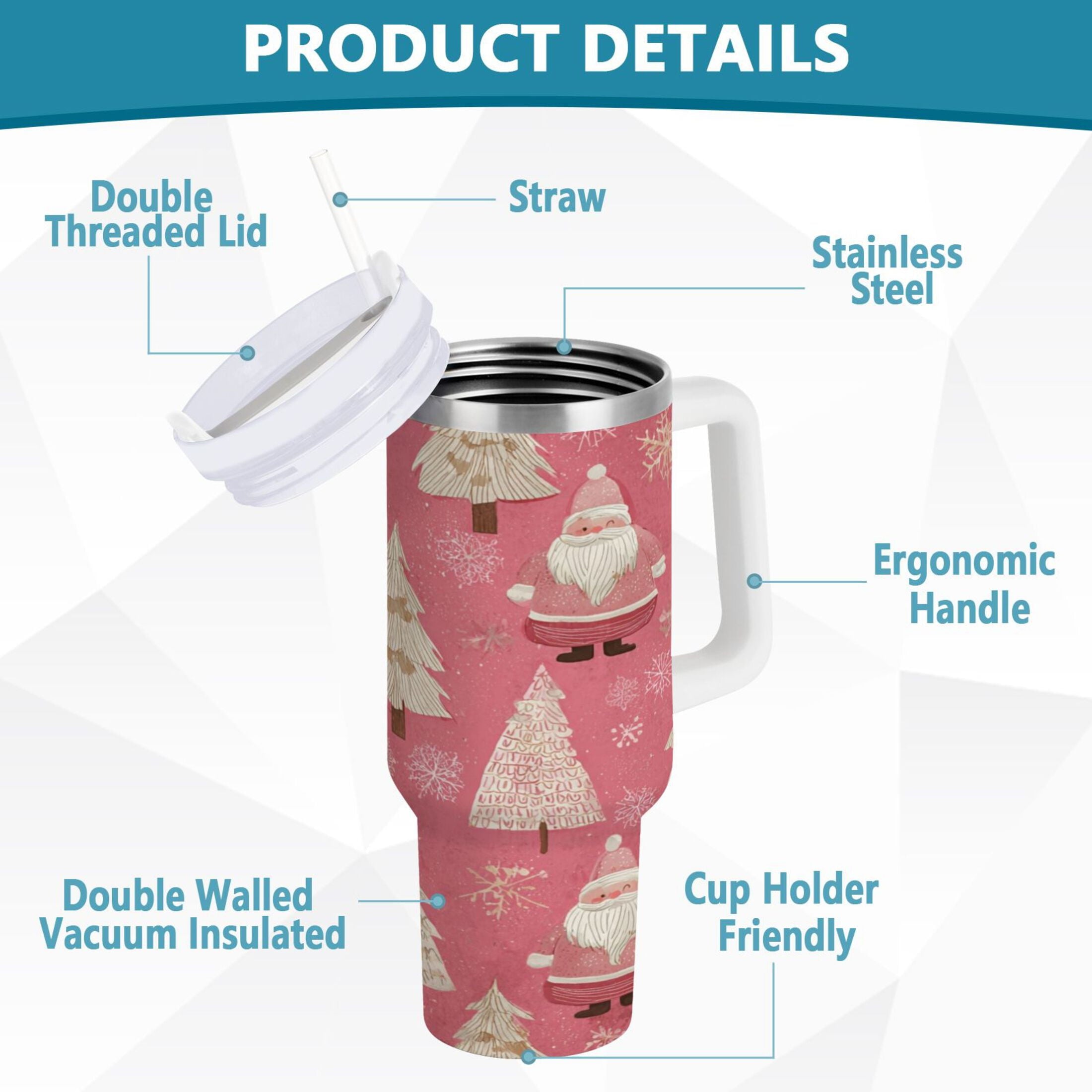 40 oz Insulated Stainless Steel Tumbler Double Wall Stainless Steel Tumbler with 2-Way Drinking Pink Santa Claus Pattern M527S