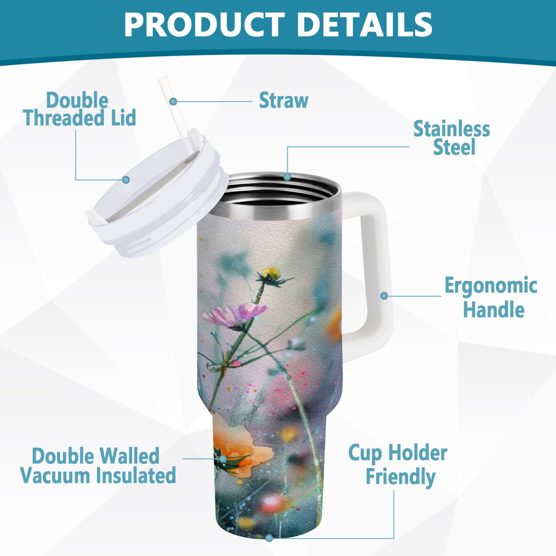 40 oz Insulated Stainless Steel Tumbler Double Wall Stainless Steel Tumbler with 2-Way Drinking Abstract Wildflowers M504U