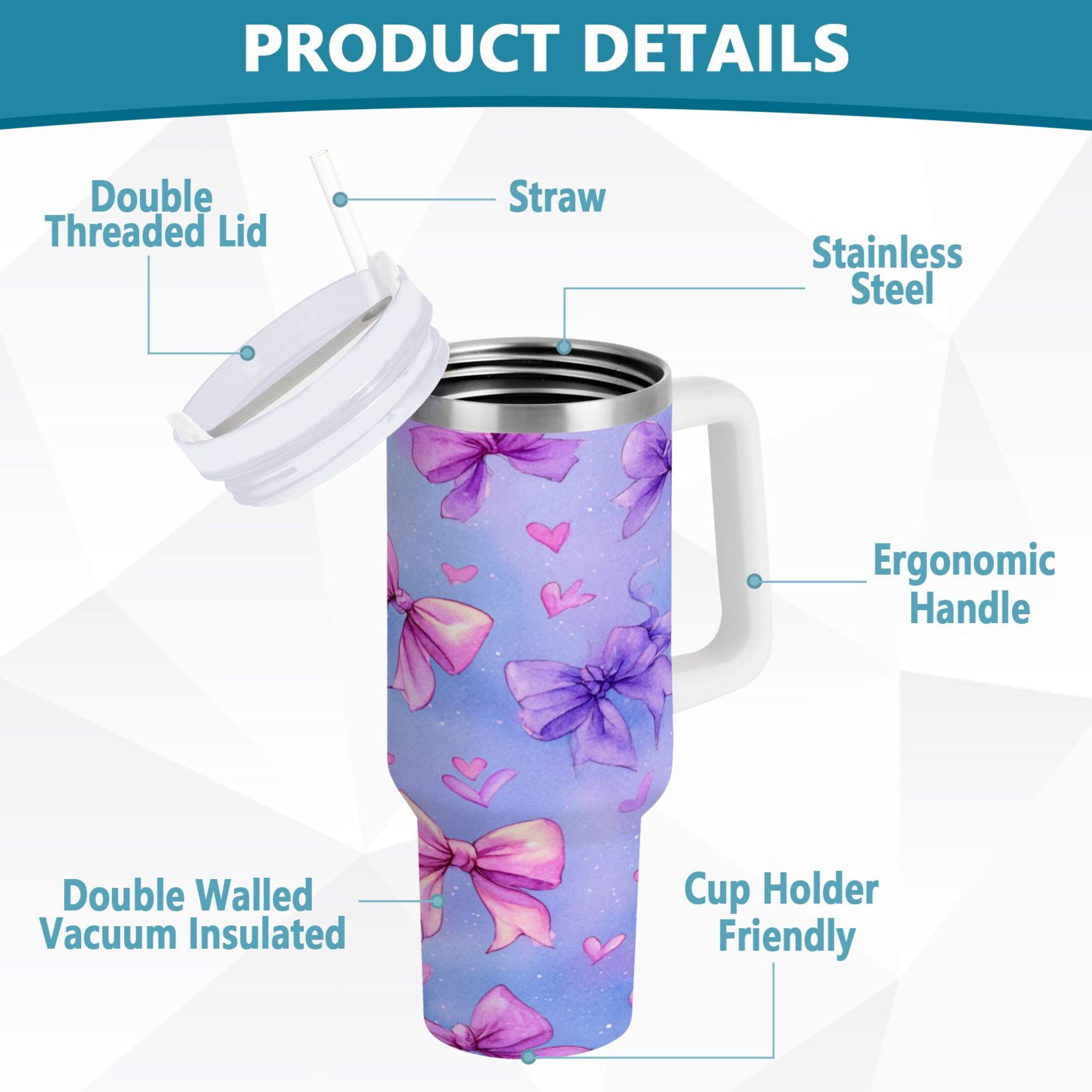 30 oz Insulated Stainless Steel Tumbler Double Wall Stainless Steel Tumbler with 2-Way Drinking Watercolor Bows Pattern M627Q