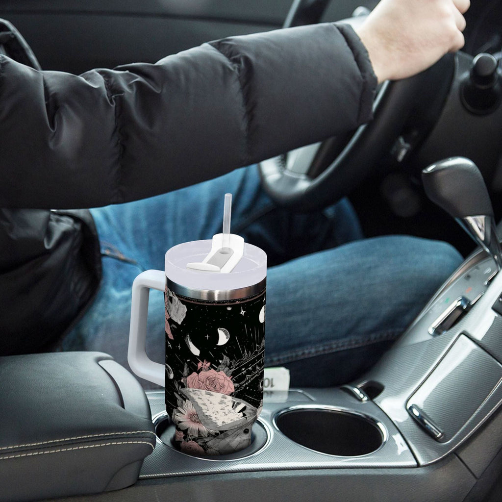40 oz Insulated Stainless Steel Tumbler Double Wall Stainless Steel Tumbler with 2-Way Drinking Butterfly Surrounded by Flowers M640X