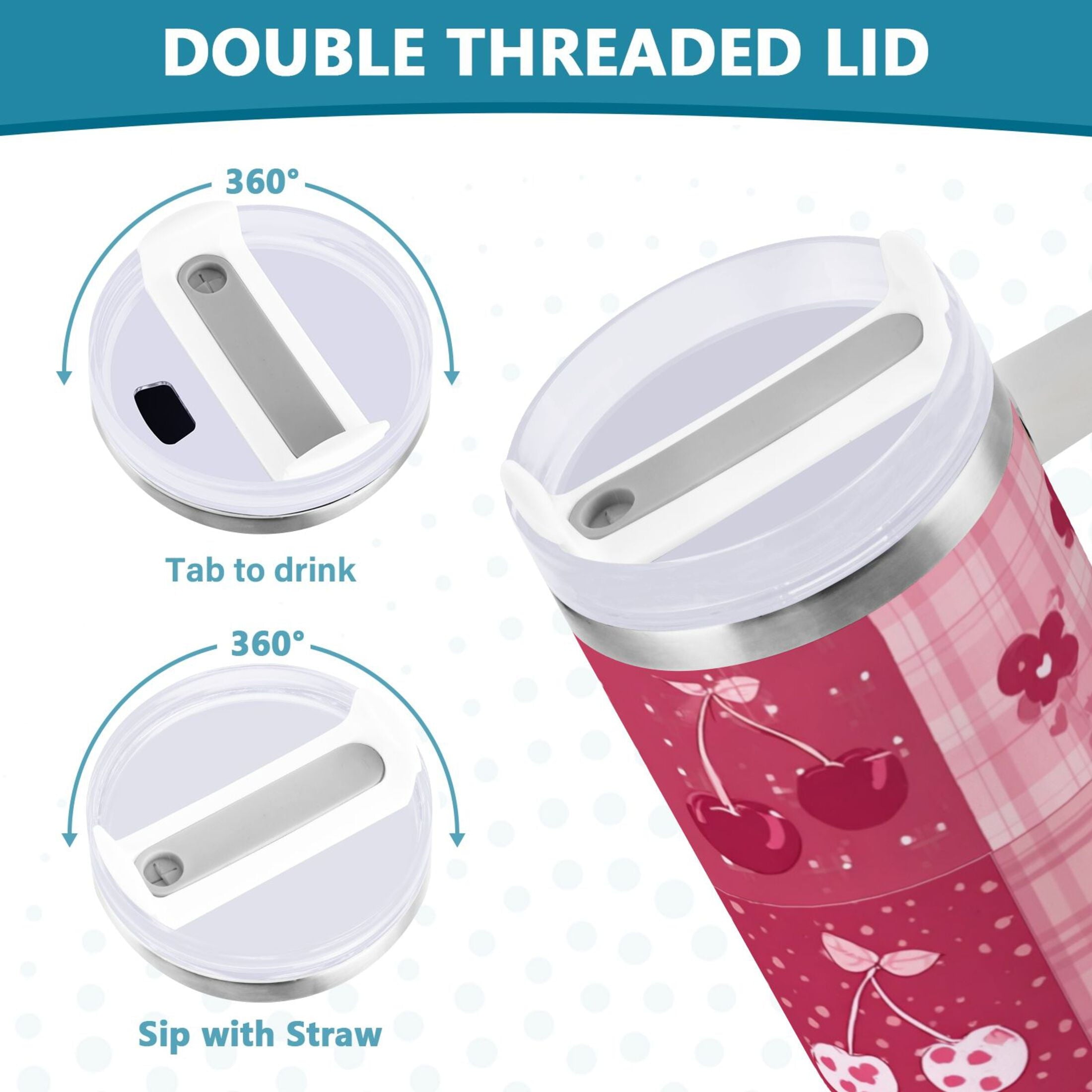 30 oz Insulated Stainless Steel Tumbler Double Wall Stainless Steel Tumbler with 2-Way Drinking Cherry Pattern with Bows M634Q
