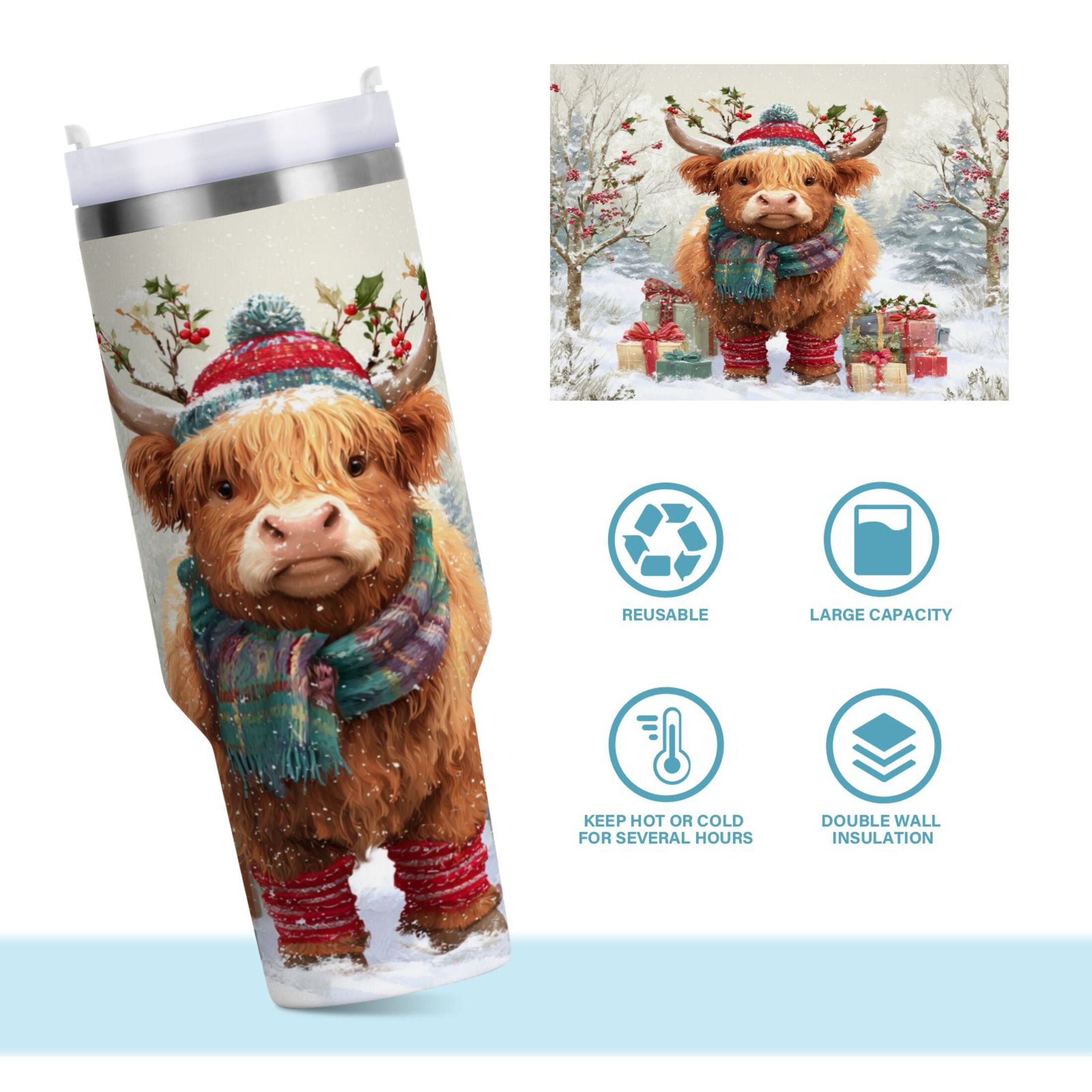 30 oz Insulated Stainless Steel Tumbler Double Wall Stainless Steel Tumbler with 2-Way Drinking Cow Wearing Christmas Hat M681C