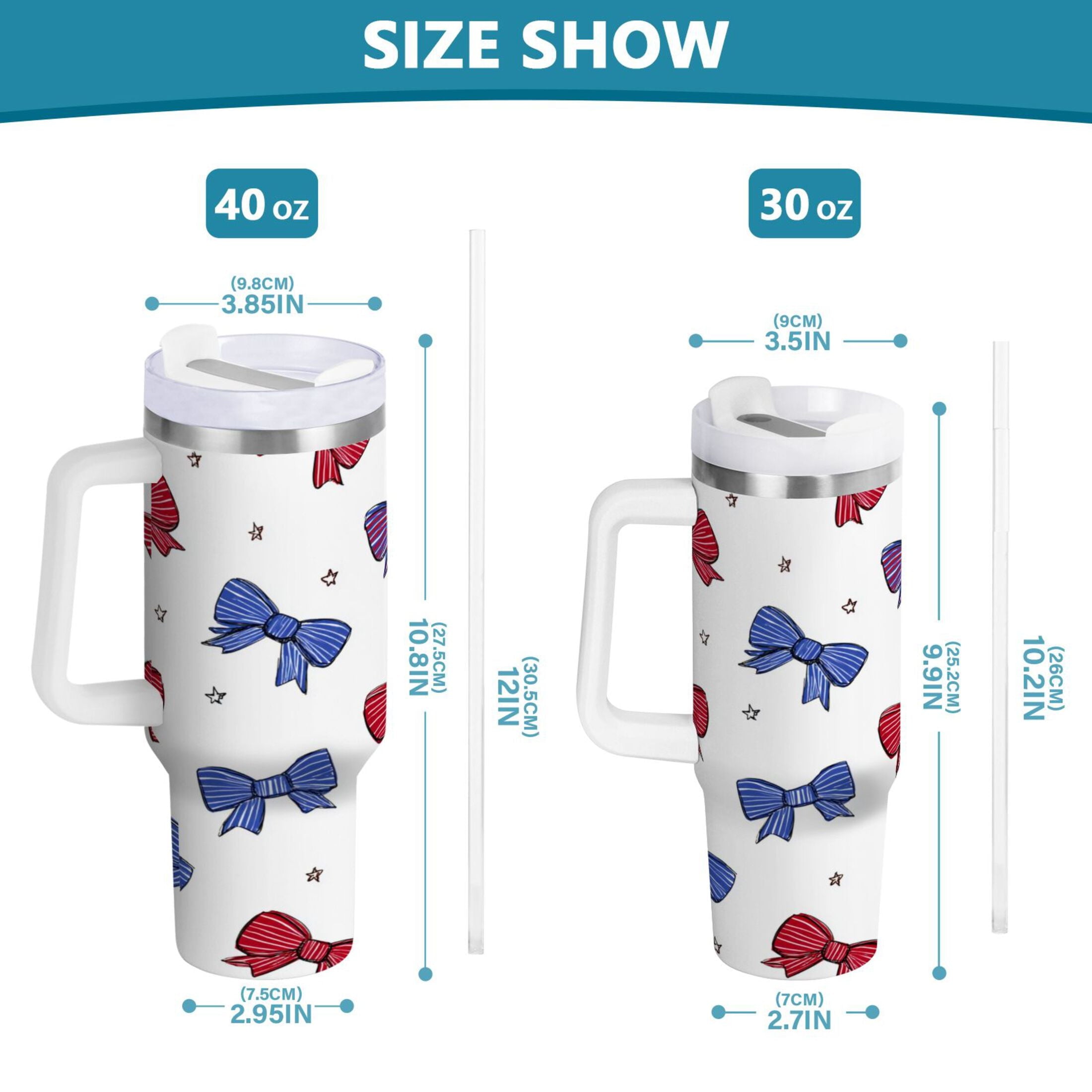 30 oz Insulated Stainless Steel Tumbler Double Wall Stainless Steel Tumbler with 2-Way Drinking Red and Blue Stripe Bows M656G