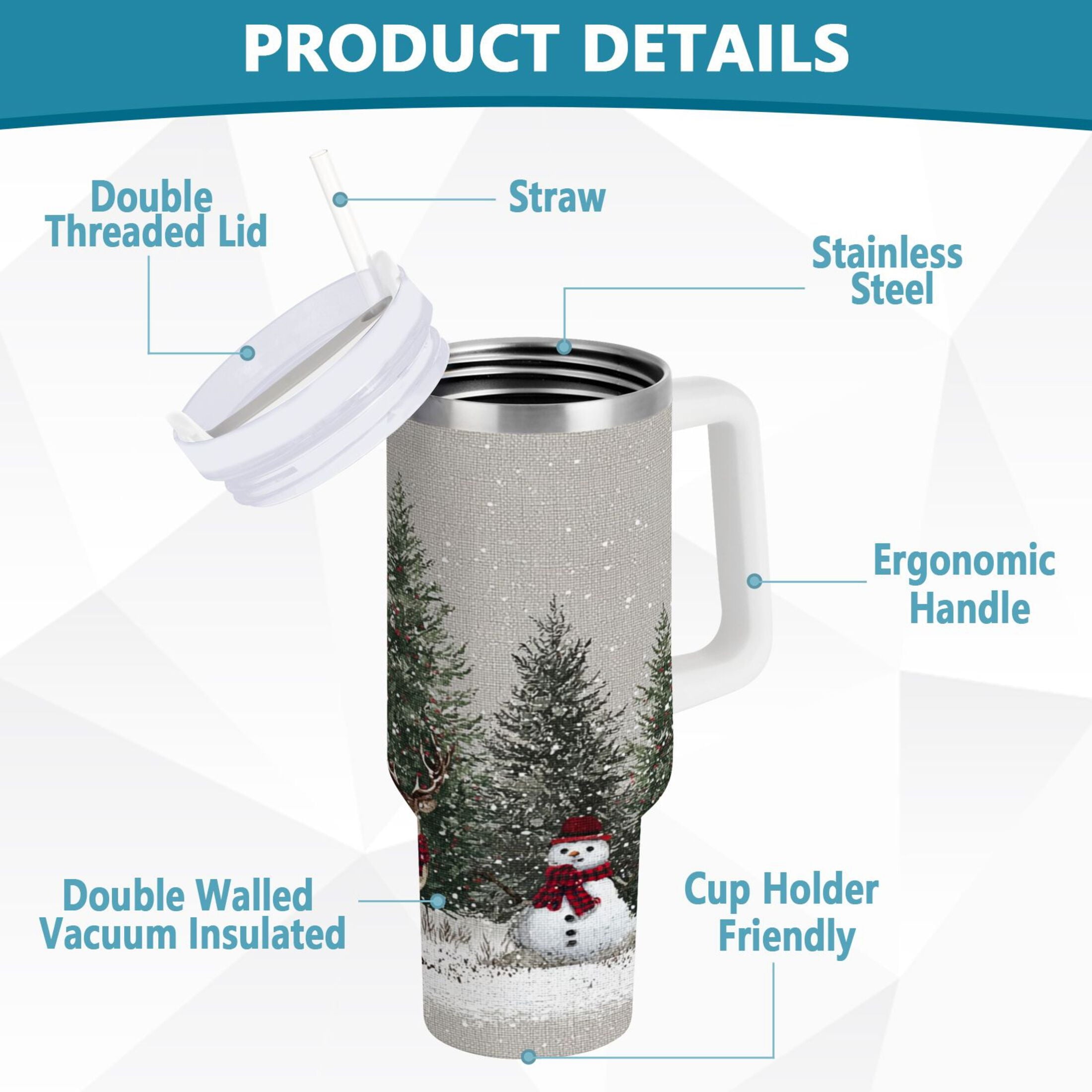 30 oz Insulated Stainless Steel Tumbler Double Wall Stainless Steel Tumbler with 2-Way Drinking Christmas Deer and Snowmen M619R