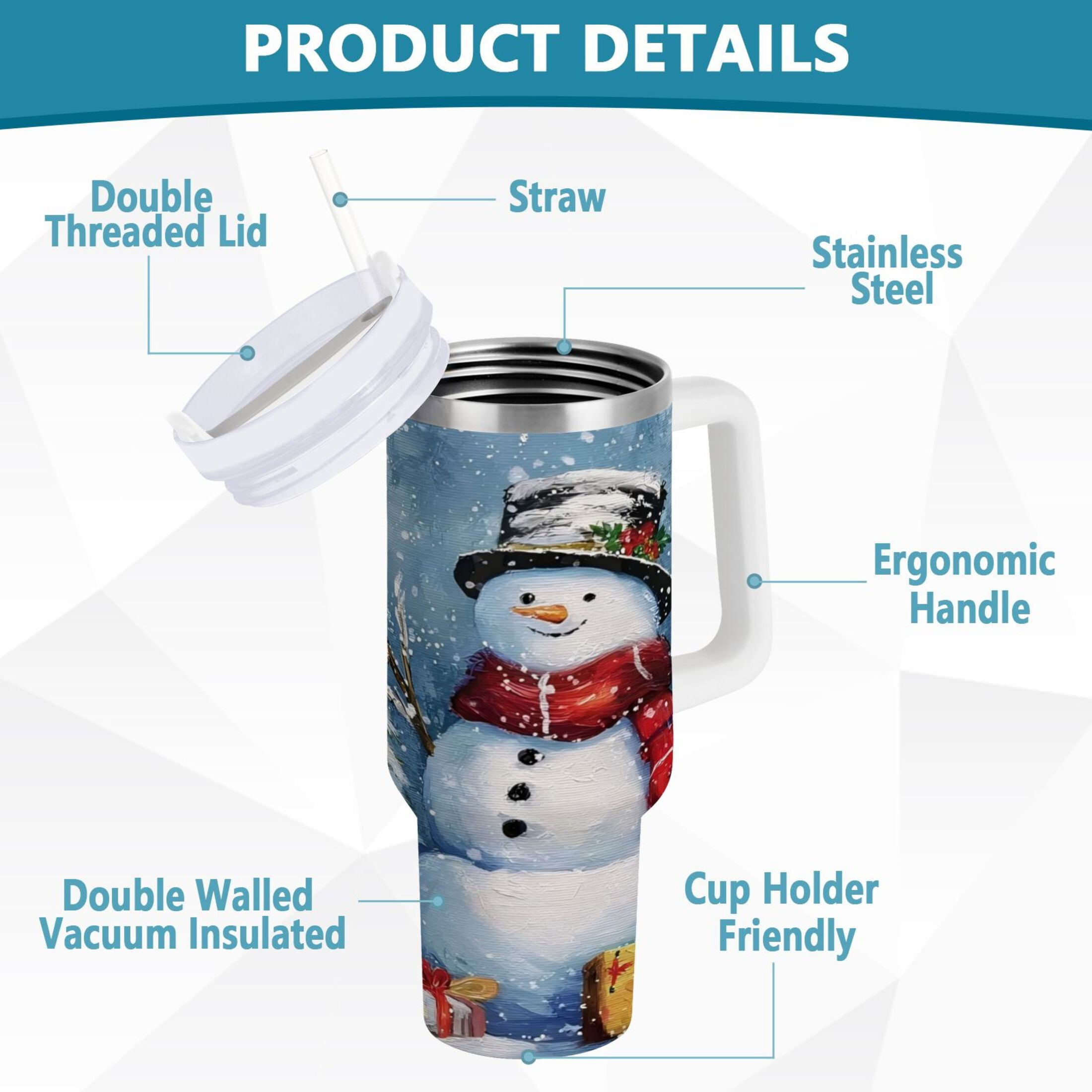30 oz Insulated Stainless Steel Tumbler Double Wall Stainless Steel Tumbler with 2-Way Drinking Christmas Scene with Snowman M642Z