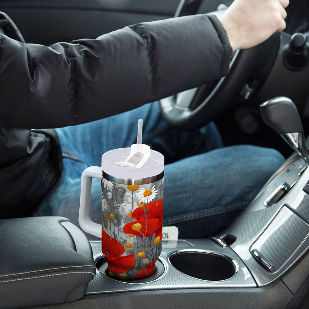 40 oz Insulated Stainless Steel Tumbler Double Wall Stainless Steel Tumbler with 2-Way Drinking Red Flowers and Daisies M498A