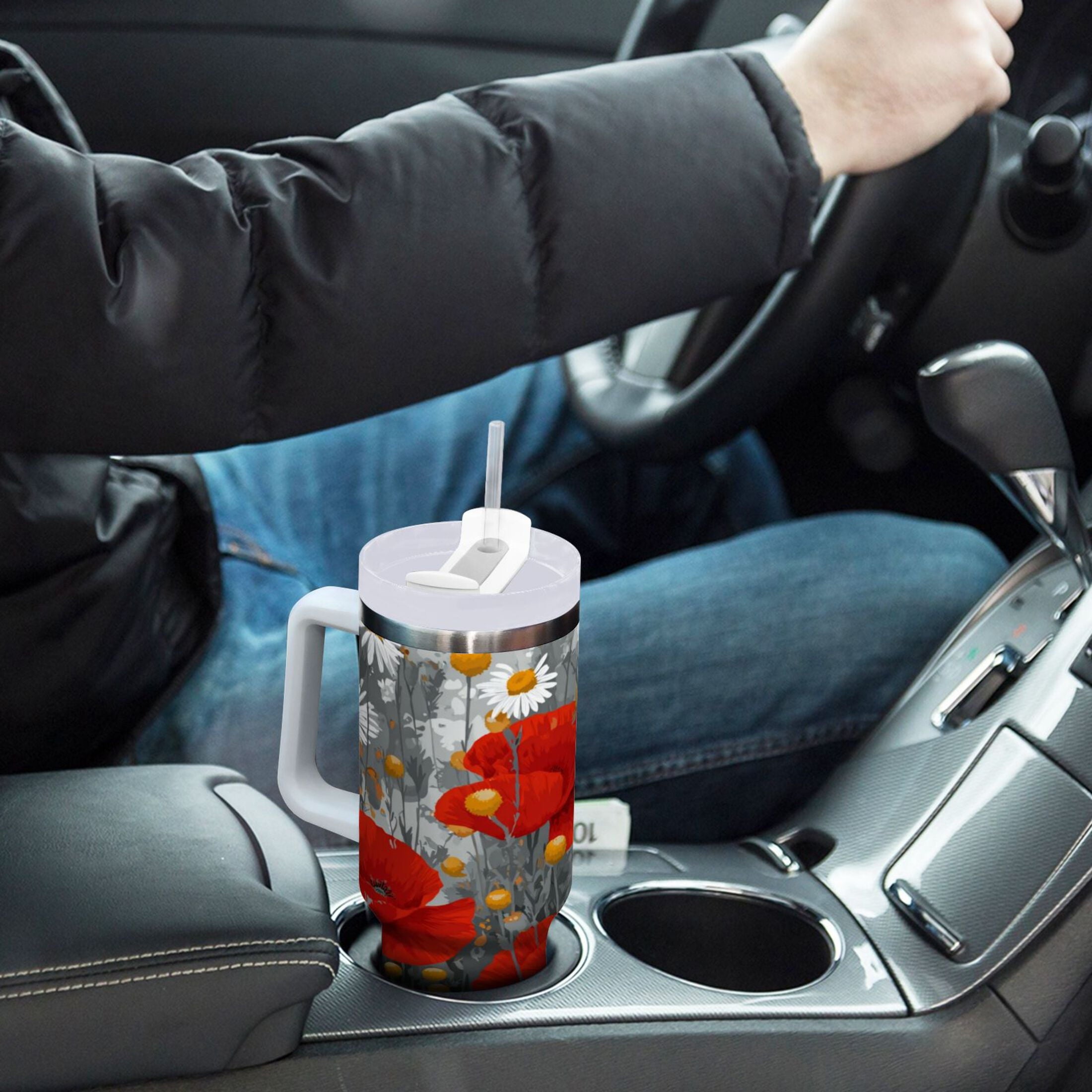 40 oz Insulated Stainless Steel Tumbler Double Wall Stainless Steel Tumbler with 2-Way Drinking Red Flowers and Daisies M498A